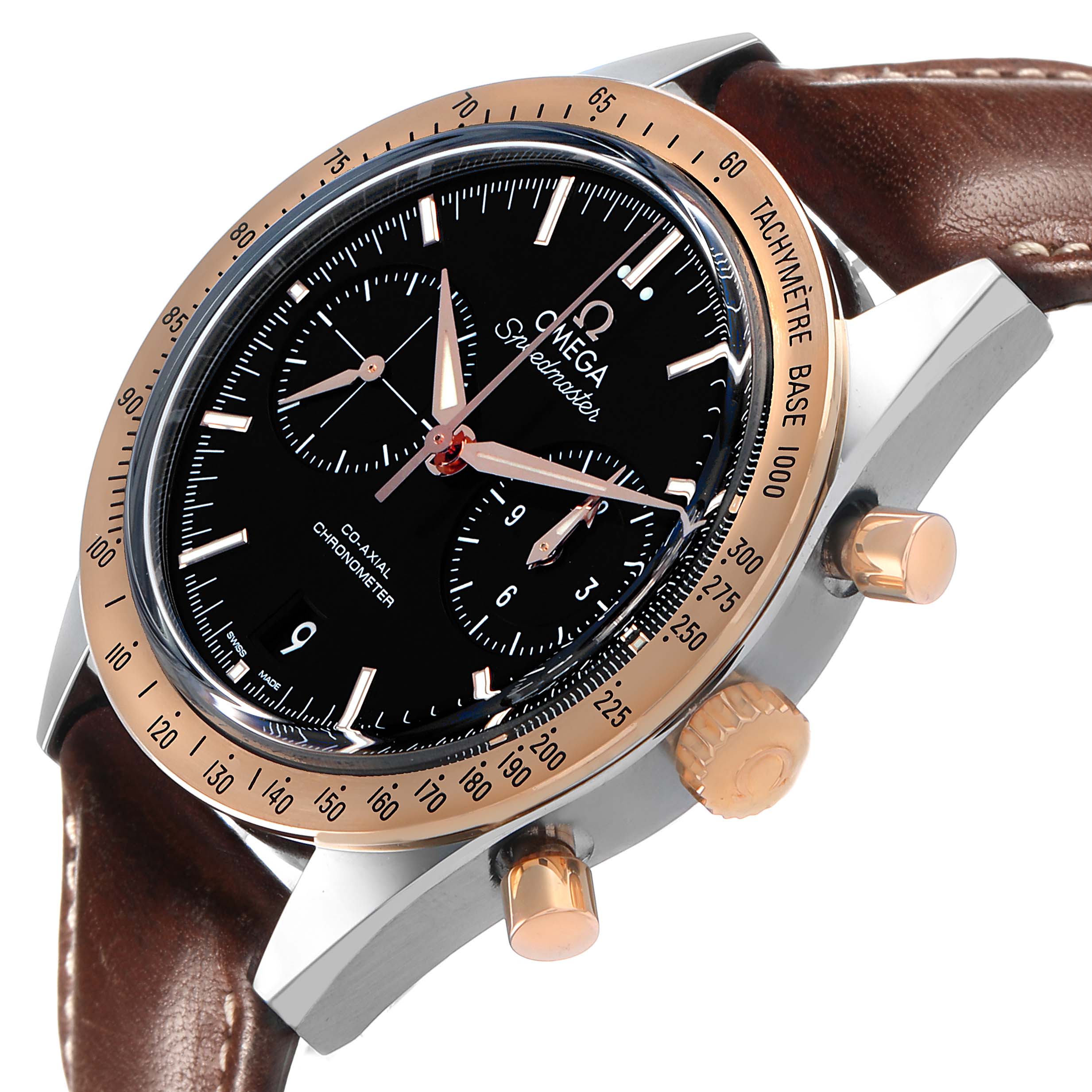 The Omega Speedmaster 331.22.42.51.01.001 Men's Steel and Gold (two tone) Black Dial watch is shown from an angled side view, highlighting the dial, bezel, crown, and strap.