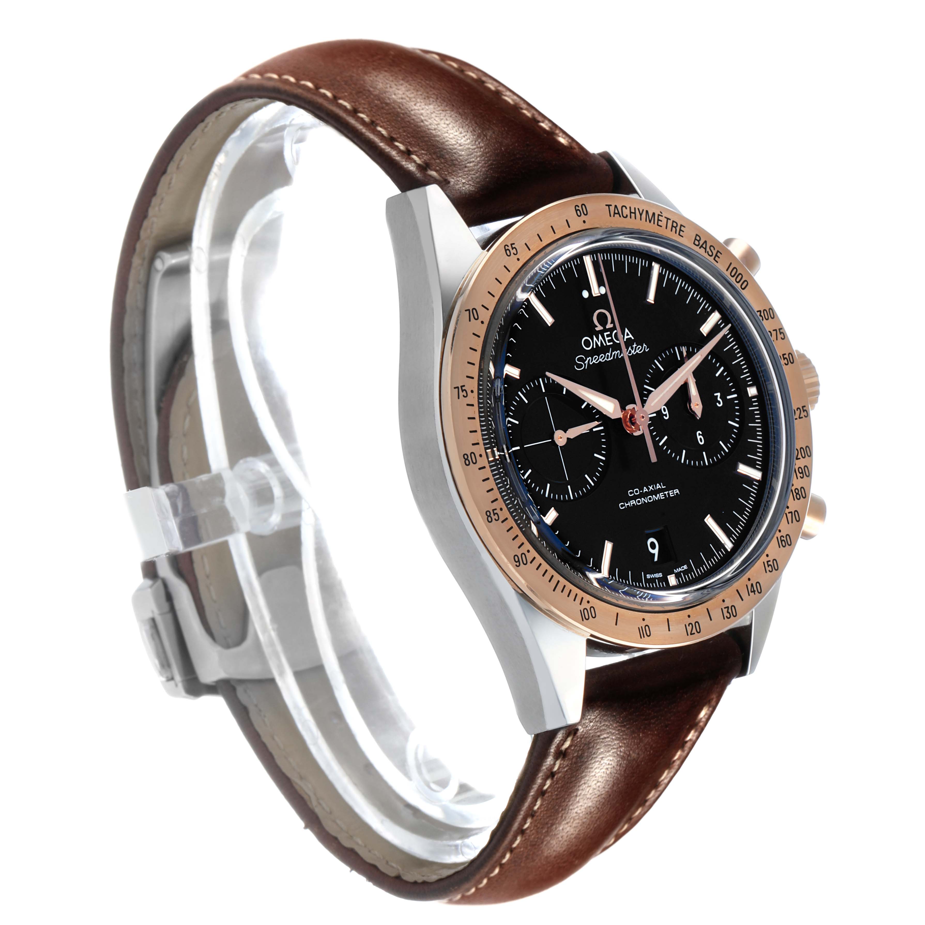 The Omega Speedmaster 331.22.42.51.01.001 Men's Steel and Gold (two tone) Black Dial watch is shown at a three-quarter angle, highlighting the bezel, dial, and brown leather strap.