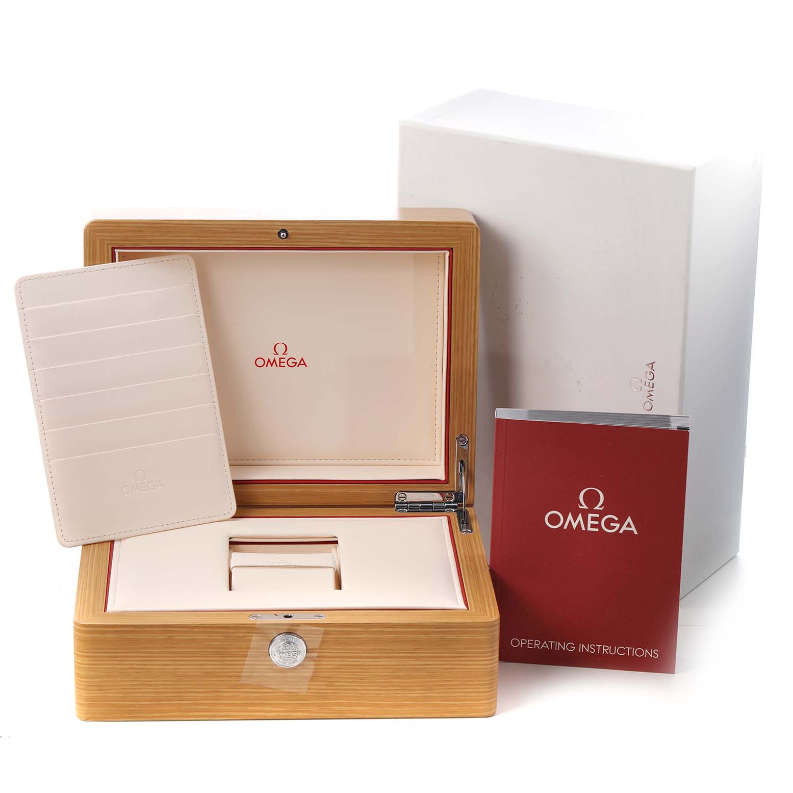 The image shows the Omega Speedmaster 331.22.42.51.01.001 Men's Steel and Gold (two tone) Black Dial watch's accessories, including a wooden box, instruction manual, and cardholder.
