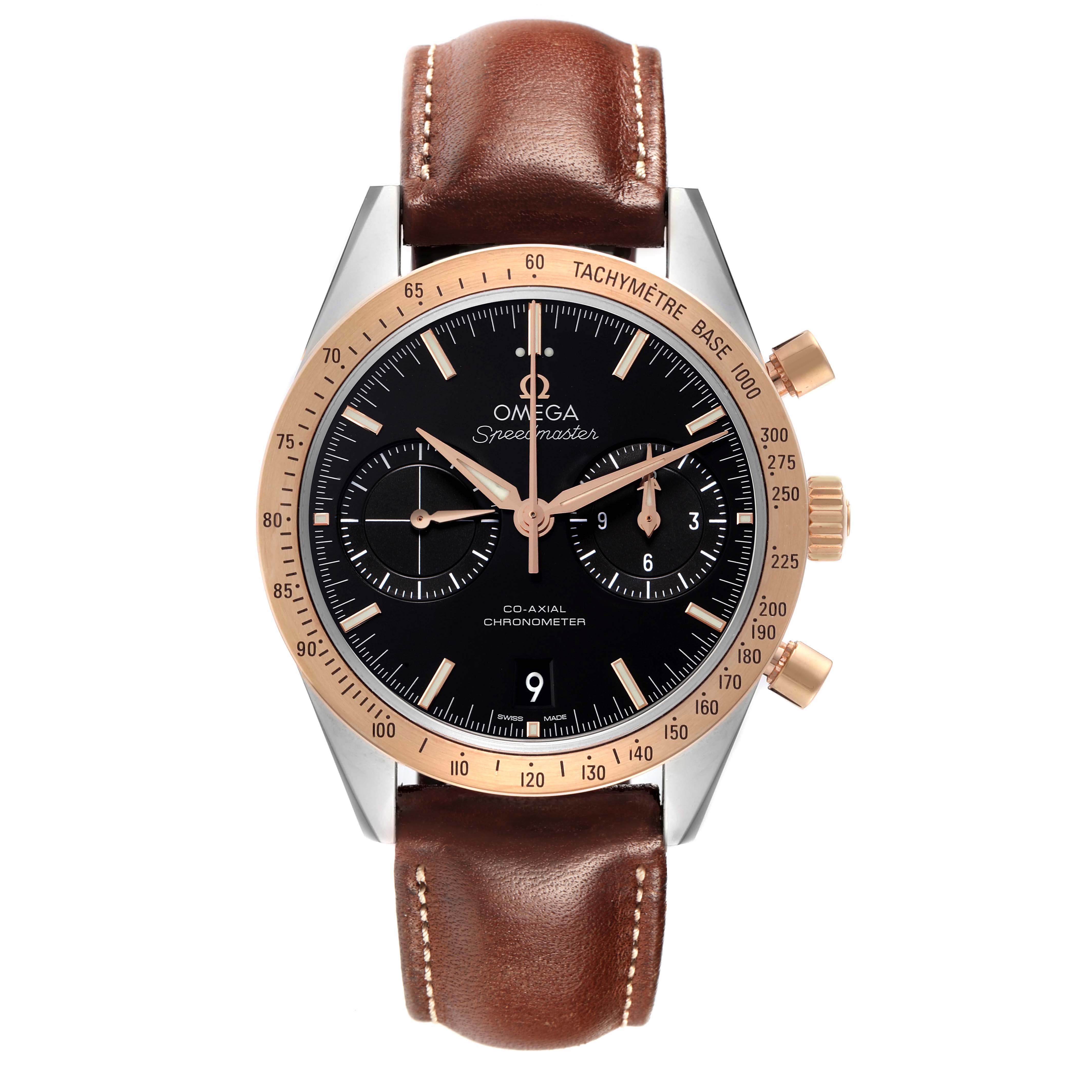 The Omega Speedmaster 331.22.42.51.01.001 Men's Steel and Gold (two tone) Black Dial watch is shown from the front, displaying the face, bezel, crown, and brown leather strap.