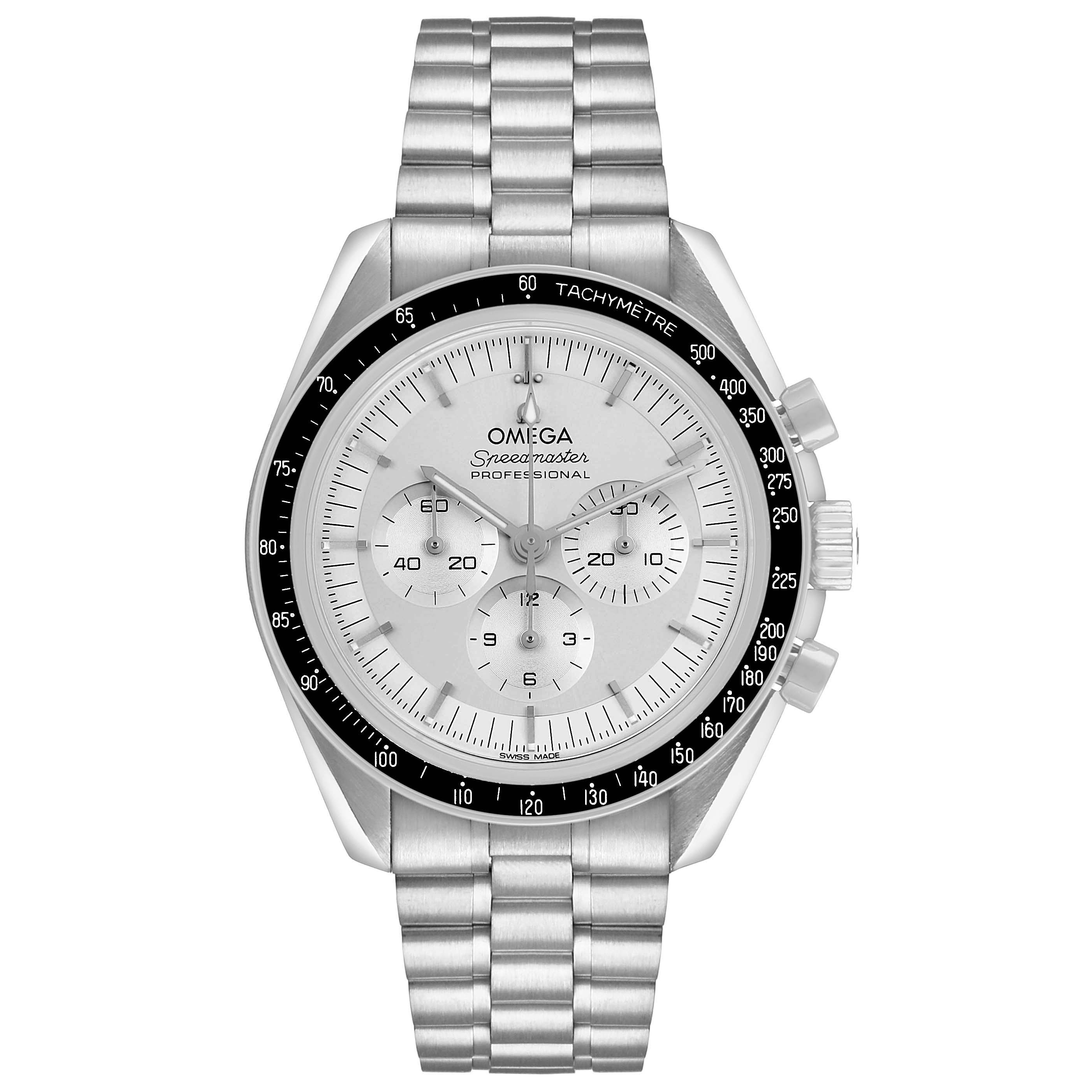The Omega Speedmaster 310.60.42.50.02.001 Mens White Gold Silver Dial watch is shown from a front angle, displaying the dial, bezel, and bracelet.