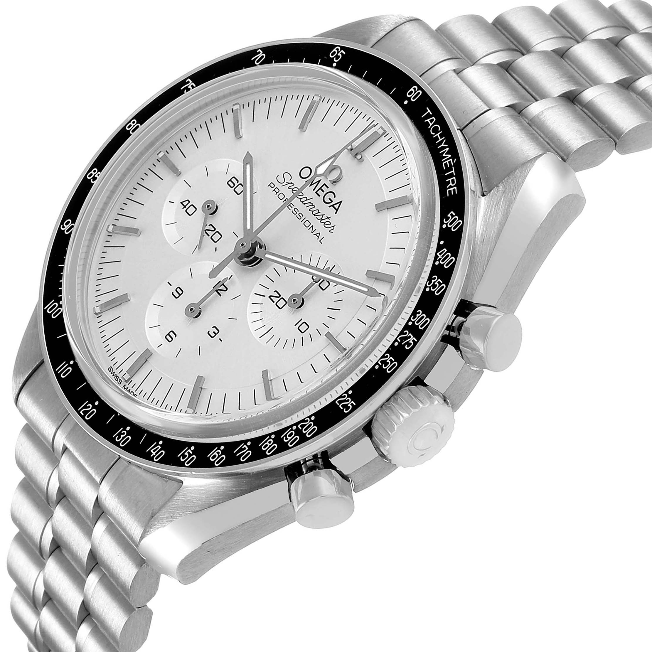 The Omega Speedmaster 310.60.42.50.02.001 Mens White Gold Silver Dial is shown from a side angle displaying the dial, bezel, crown, pushers, and bracelet.