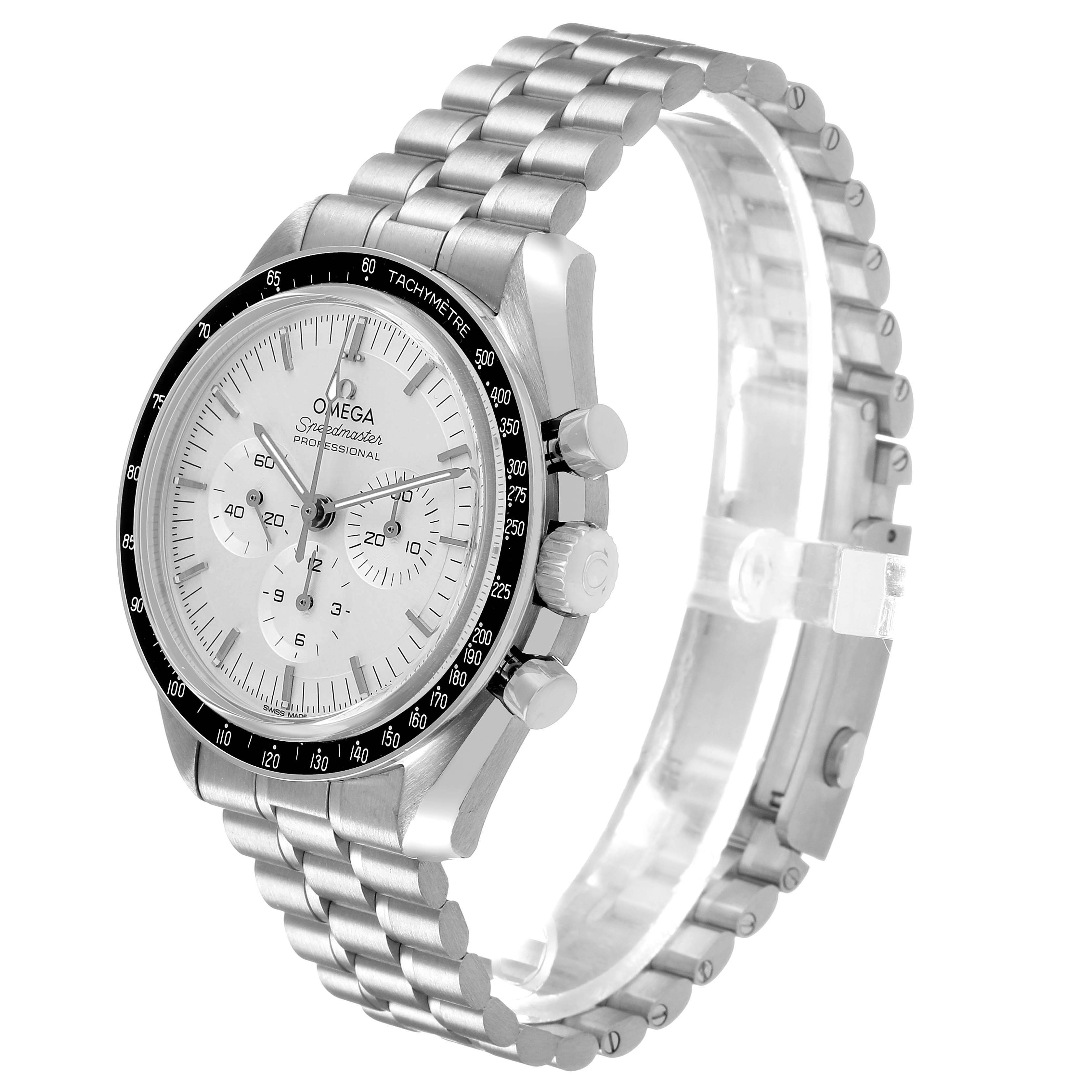 The Omega Speedmaster 310.60.42.50.02.001 Mens White Gold Silver Dial is shown at a three-quarter angle displaying the face, bezel, pushers, and bracelet.