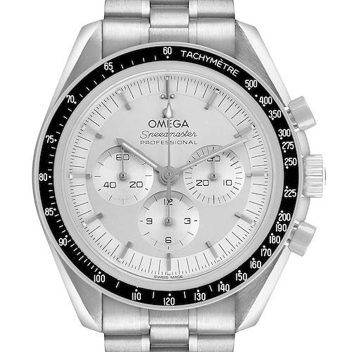 The Omega Speedmaster 310.60.42.50.02.001 Men's White Gold Silver Dial watch is shown front-facing, displaying its dial, bezel, and chronograph subdials.