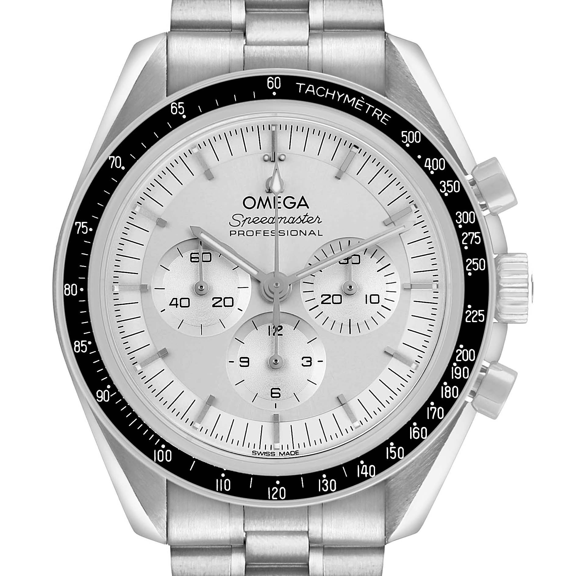 The Omega Speedmaster 310.60.42.50.02.001 Mens White Gold Silver Dial watch is shown from a front angle, highlighting its dial, bezel, and bracelet.