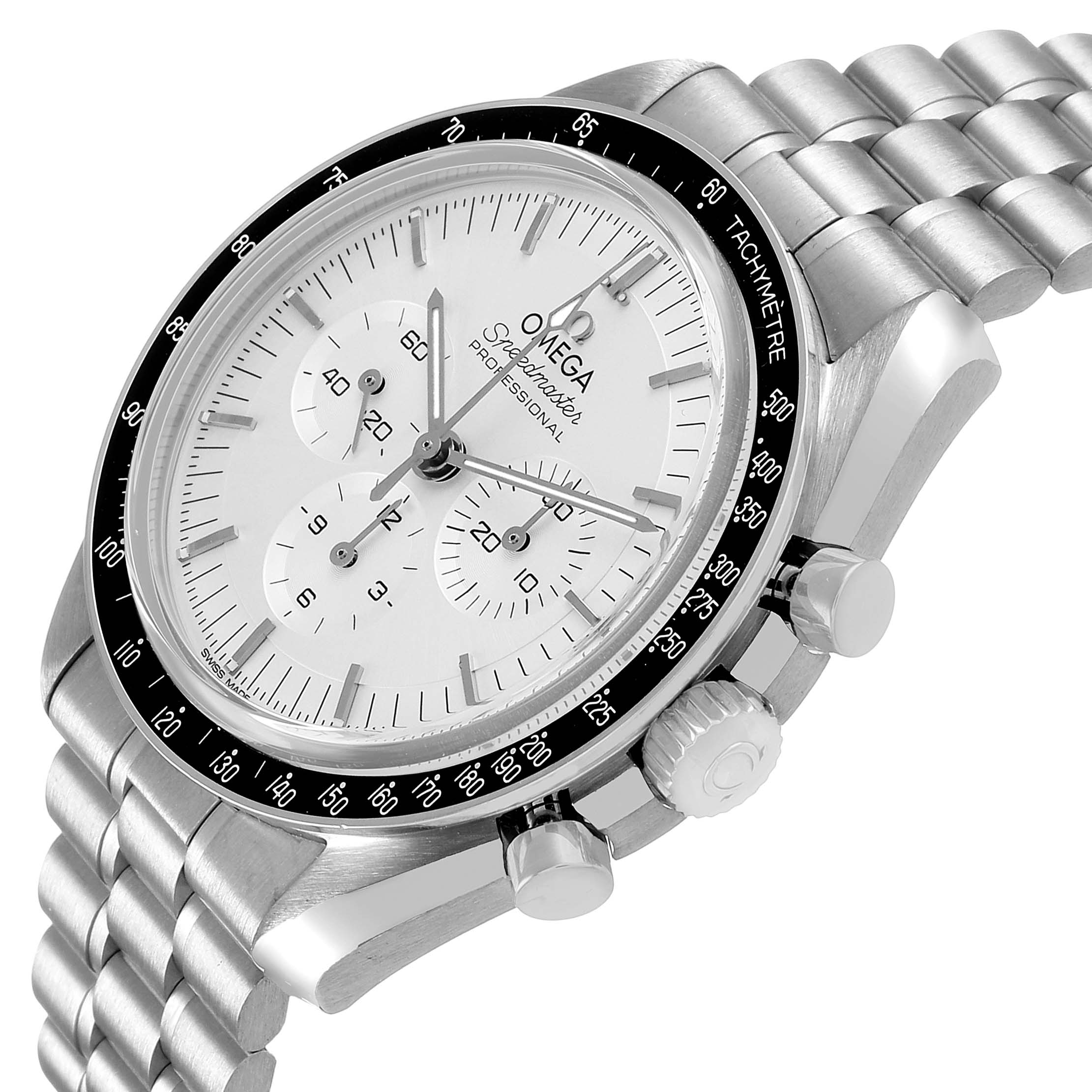 The Omega Speedmaster 310.60.42.50.02.001 Men's White Gold Silver Dial is shown from a slightly tilted top angle, highlighting the dial, bezel, bracelet, and pushers.