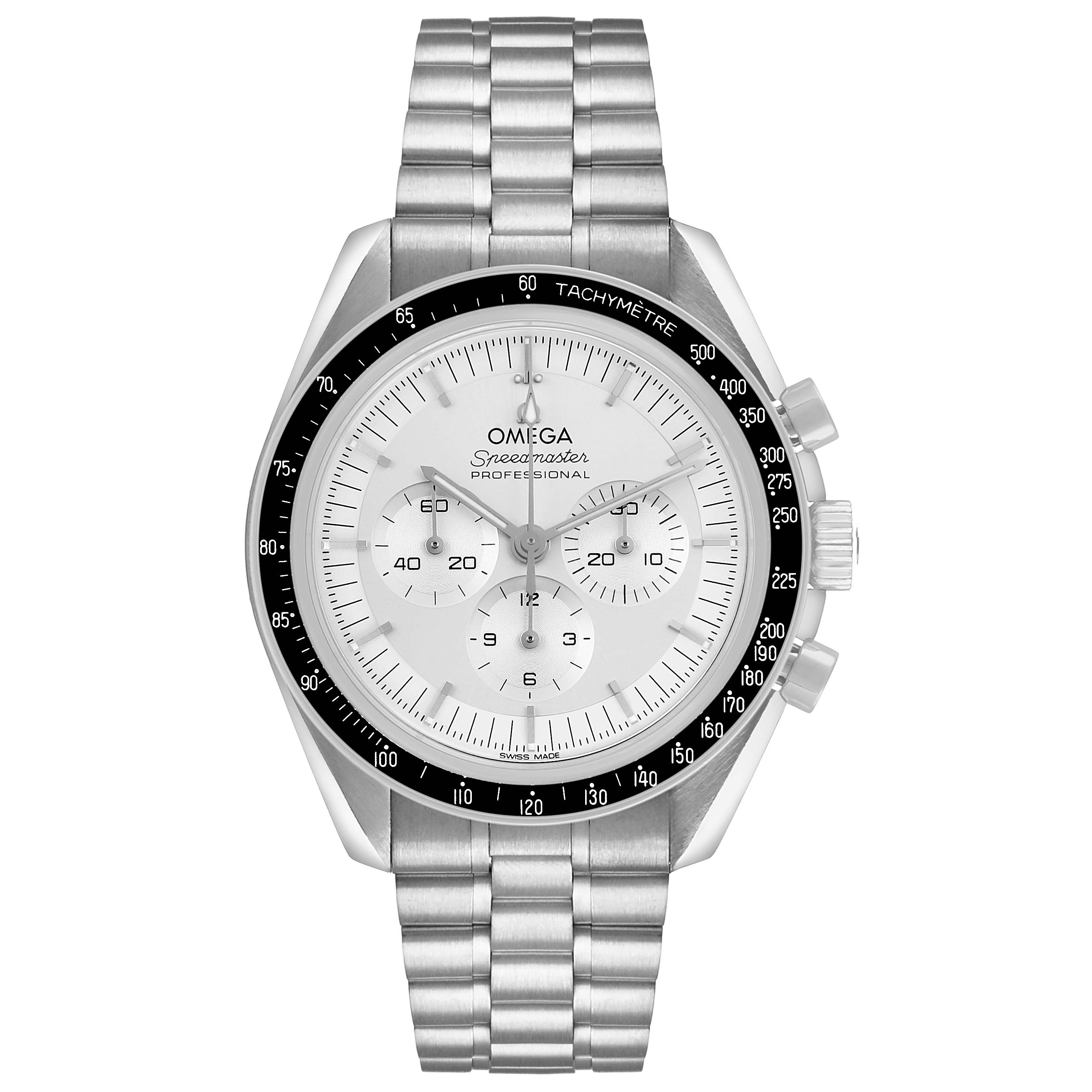 The image shows a front view of the Omega Speedmaster 310.60.42.50.02.001 Men's White Gold Silver Dial watch, highlighting the dial, tachymetric bezel, and bracelet.