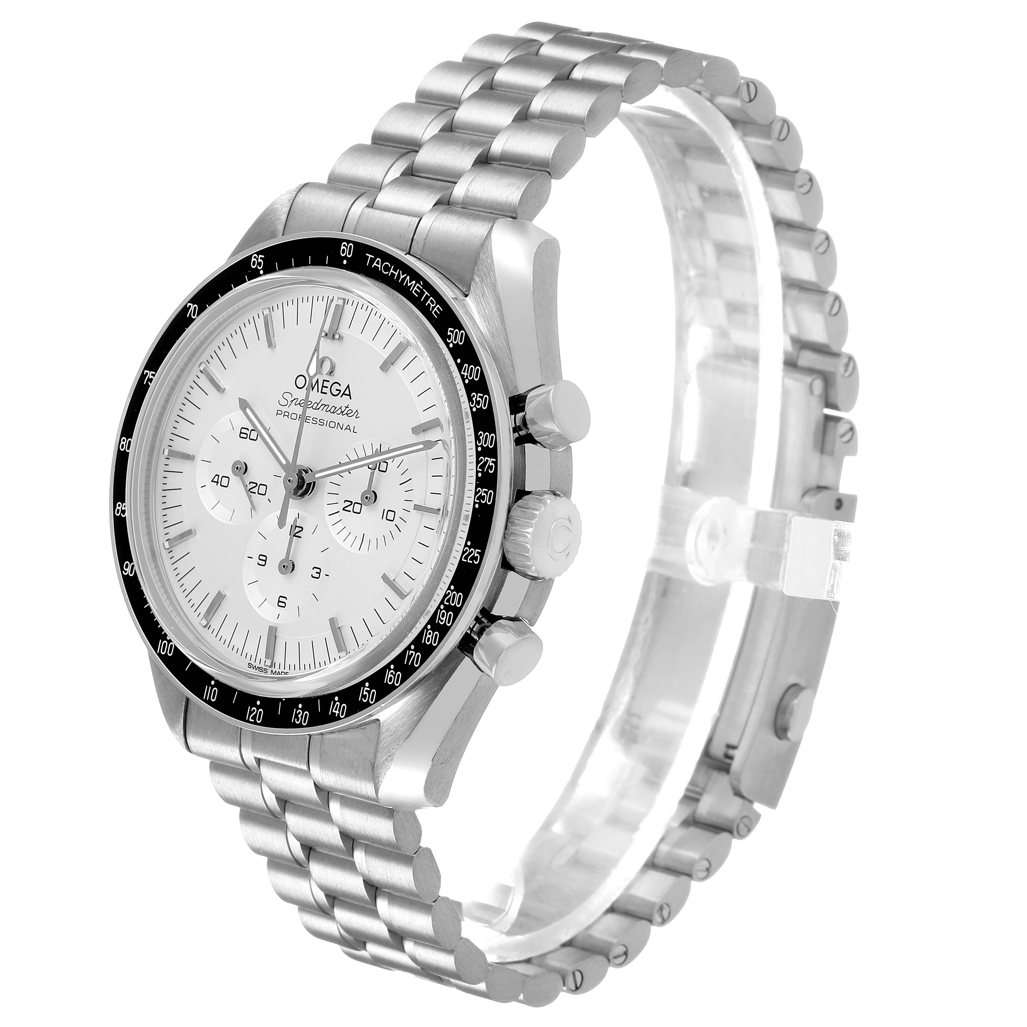 The Omega Speedmaster 310.60.42.50.02.001 Men's White Gold Silver Dial watch is shown at a three-quarter angle, highlighting the dial, bezel, crown, pushers, and bracelet.