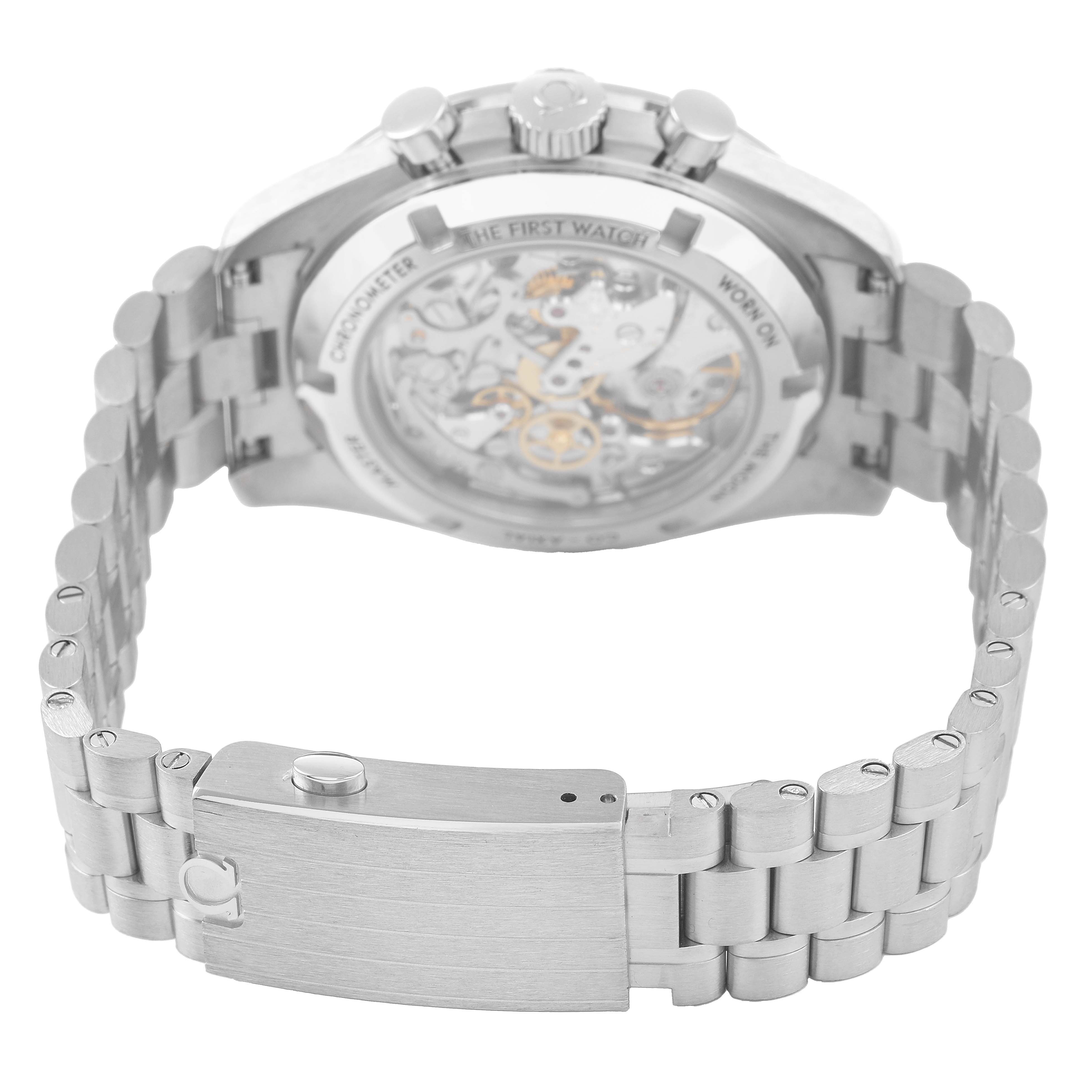 The image shows the back view of an Omega Speedmaster 310.60.42.50.02.001 Men's White Gold Silver Dial watch, highlighting the bracelet, clasp, and transparent case back.