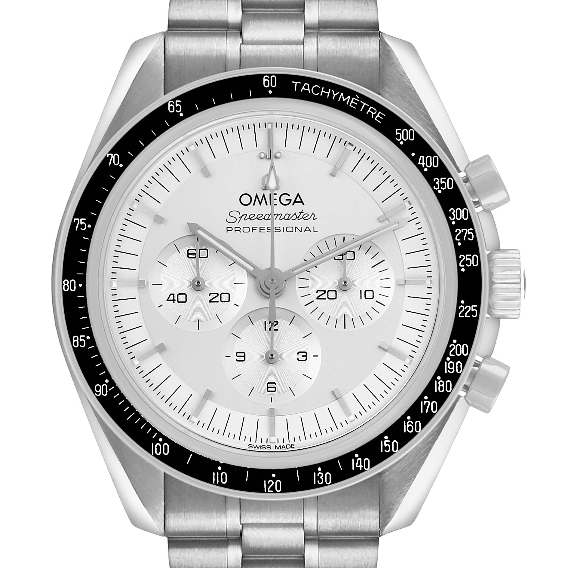 The Omega Speedmaster 310.60.42.50.02.001 Men's White Gold Silver Dial watch is shown from the front, highlighting its dial, bezel, and chronograph subdials.