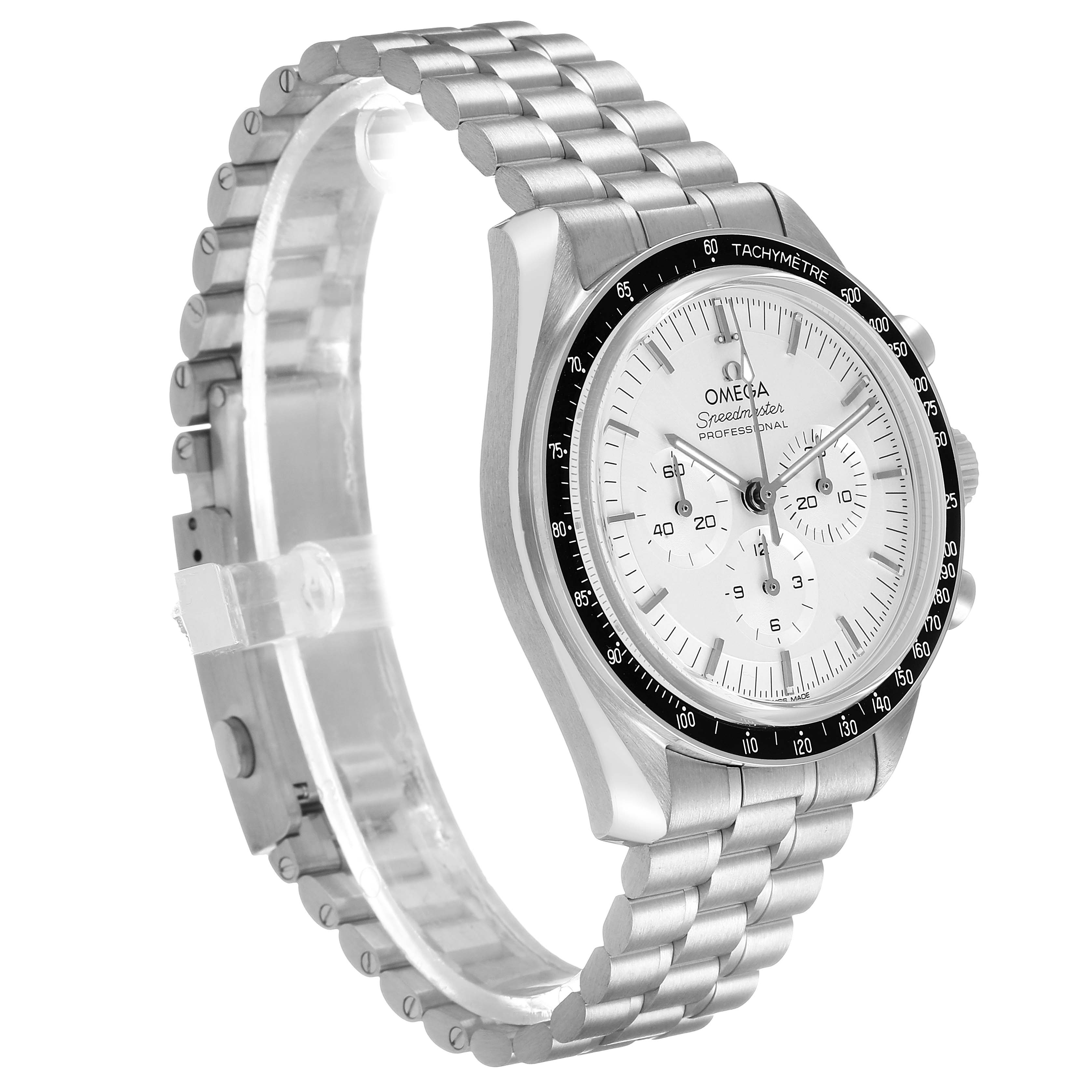 The Omega Speedmaster 310.60.42.50.02.001 Men's White Gold Silver Dial watch is shown from the front-left angle, highlighting the bracelet, bezel, and face.