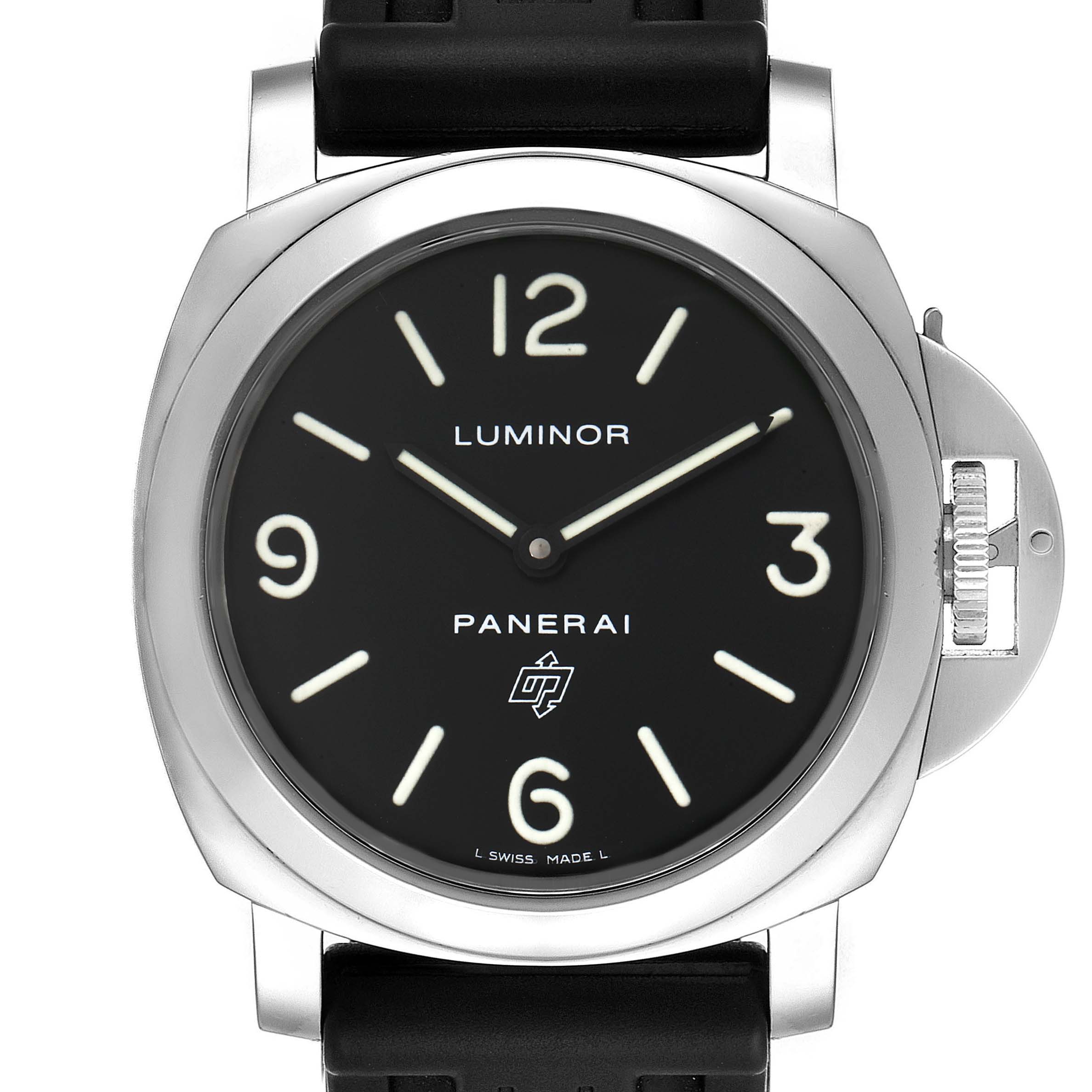 This image shows a front view of a Panerai Luminor PAM00000 Men
s Stainless Steel Black Dial PAM00000 Men
s Stainless Steel Black Dial watch, featuring the dial, bezel, and crown guard.