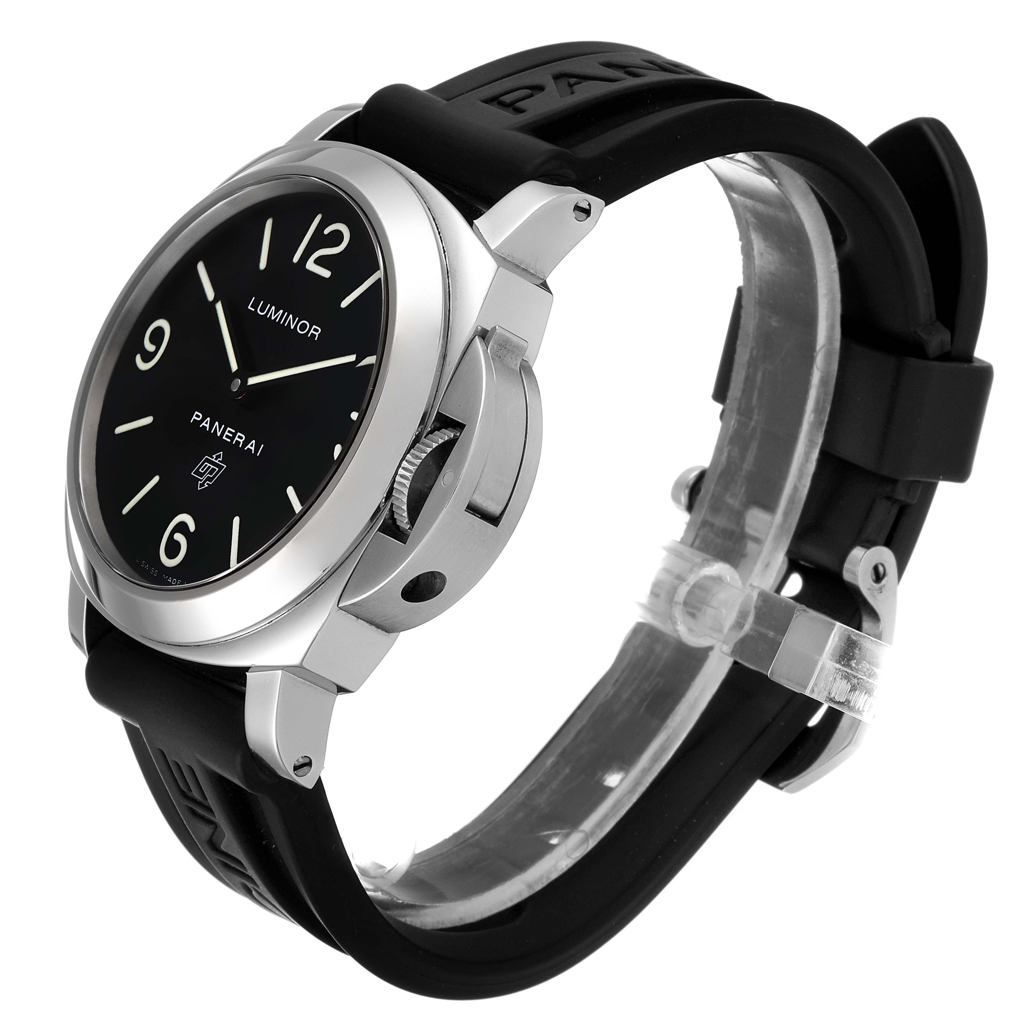 This Panerai Luminor PAM00000 Men
s Stainless Steel Black Dial PAM00000 Men
s Stainless Steel Black Dial watch is shown from a side angle, highlighting the case, dial, crown guard, and strap.