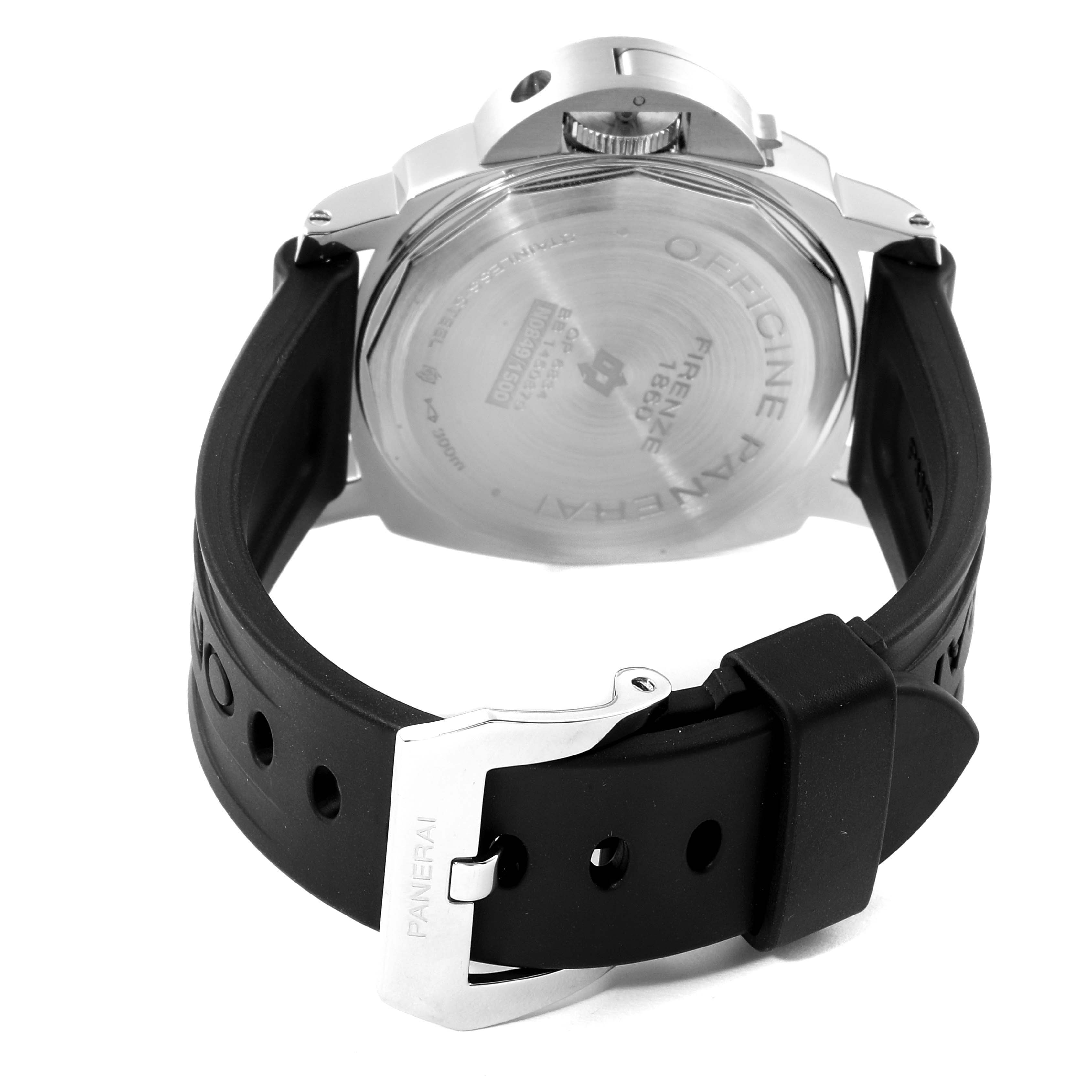 The image shows the back and buckle of a Panerai Luminor PAM00000 Men
s Stainless Steel Black Dial PAM00000 Men
s Stainless Steel Black Dial watch, focusing on its rubber strap and stainless steel case back.