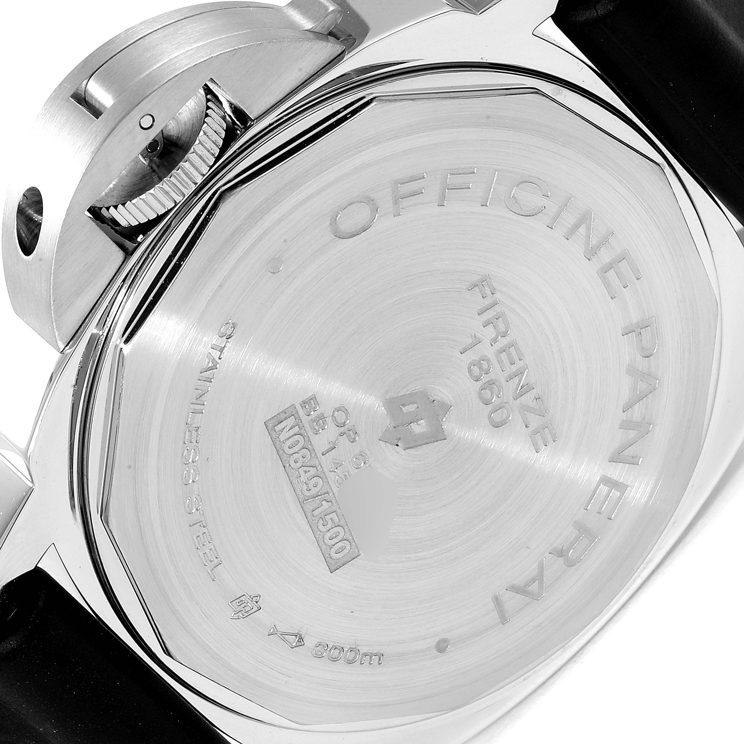 The image shows a close-up of the back case of a Panerai Luminor PAM00000 Men
s Stainless Steel Black Dial PAM00000 Men
s Stainless Steel Black Dial watch, highlighting the engravings and structure.