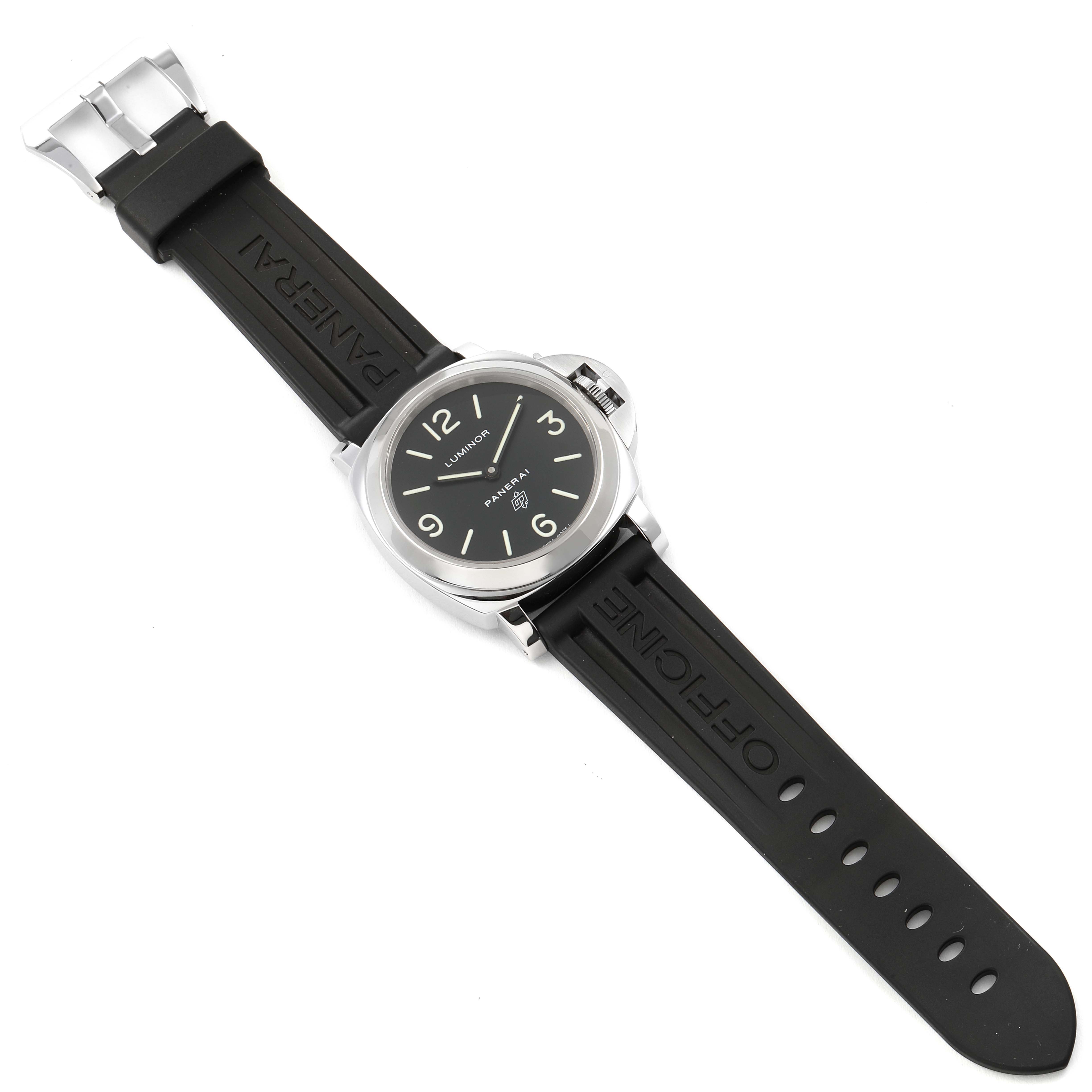 The image shows a Panerai Luminor PAM00000 Men
s Stainless Steel Black Dial PAM00000 Men
s Stainless Steel Black Dial watch from a top-down angle, highlighting the black dial and rubber strap with a silver buckle.