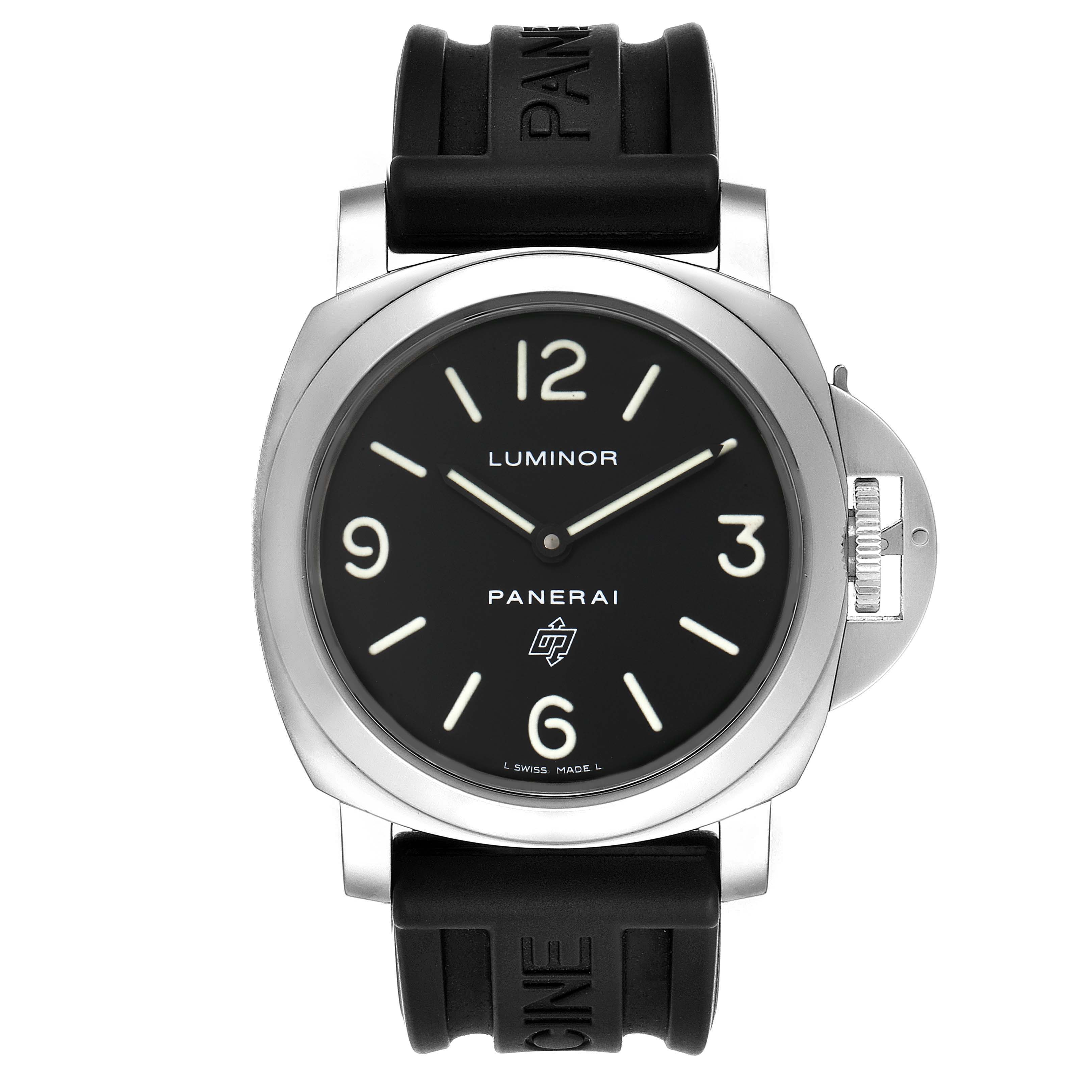This Panerai Luminor PAM00000 Men
s Stainless Steel Black Dial PAM00000 Men
s Stainless Steel Black Dial watch is shown from a front angle, displaying the dial, case, and rubber strap.