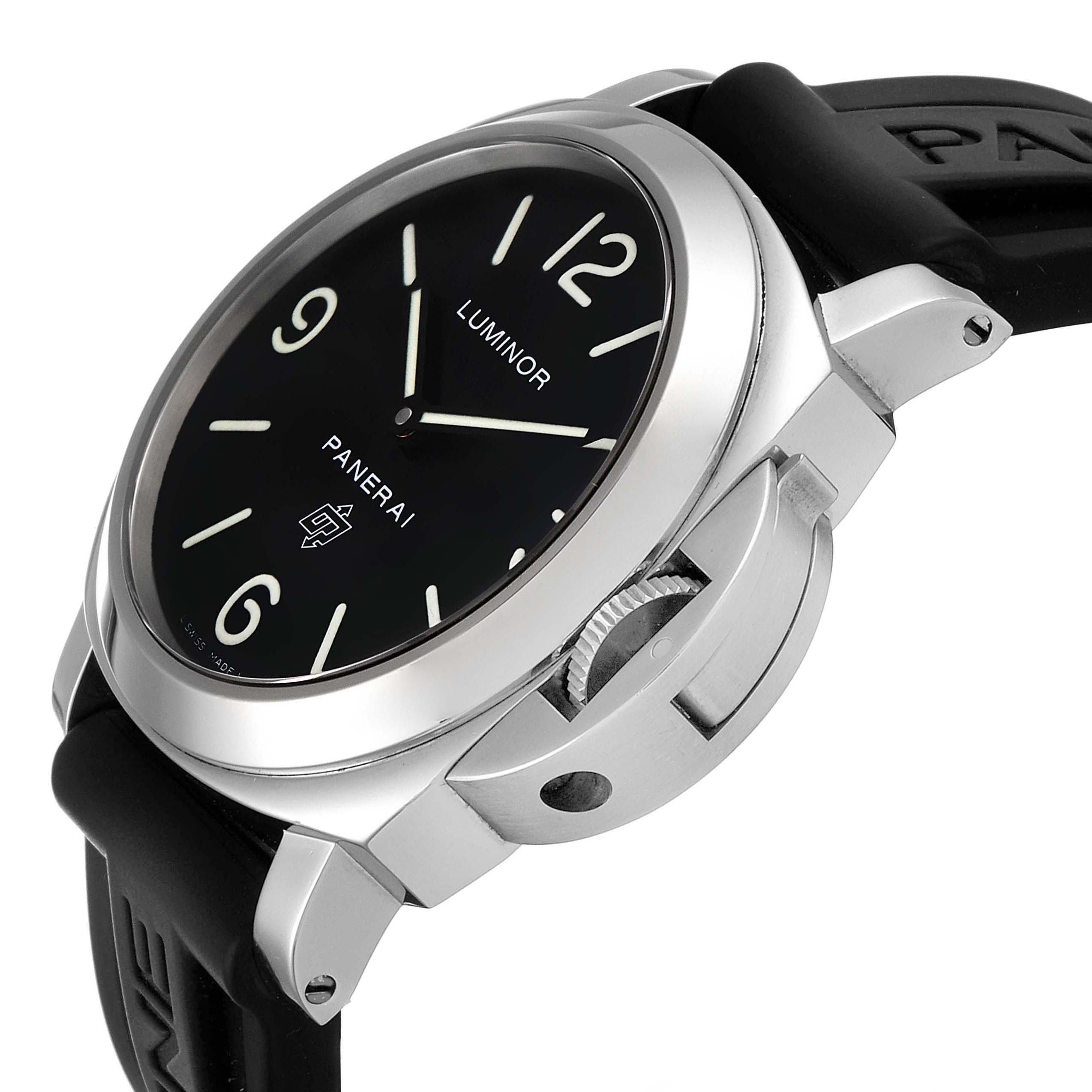 This image shows a side angle of the Panerai Luminor PAM00000 Men
s Stainless Steel Black Dial PAM00000 Men
s Stainless Steel Black Dial watch, focusing on the watch face, crown guard, and strap.