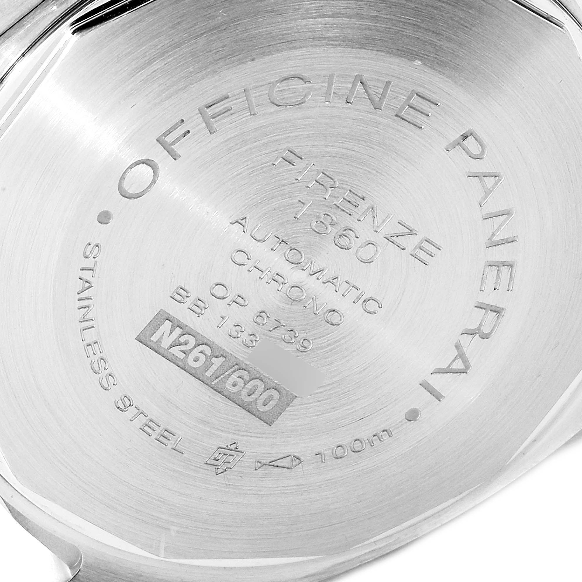 The image shows the stainless steel case back of a Panerai Luminor PAM00310 Men
s Stainless Steel Black Dial PAM00310 Men
s Stainless Steel Black Dial watch, displaying various engravings and specifications.