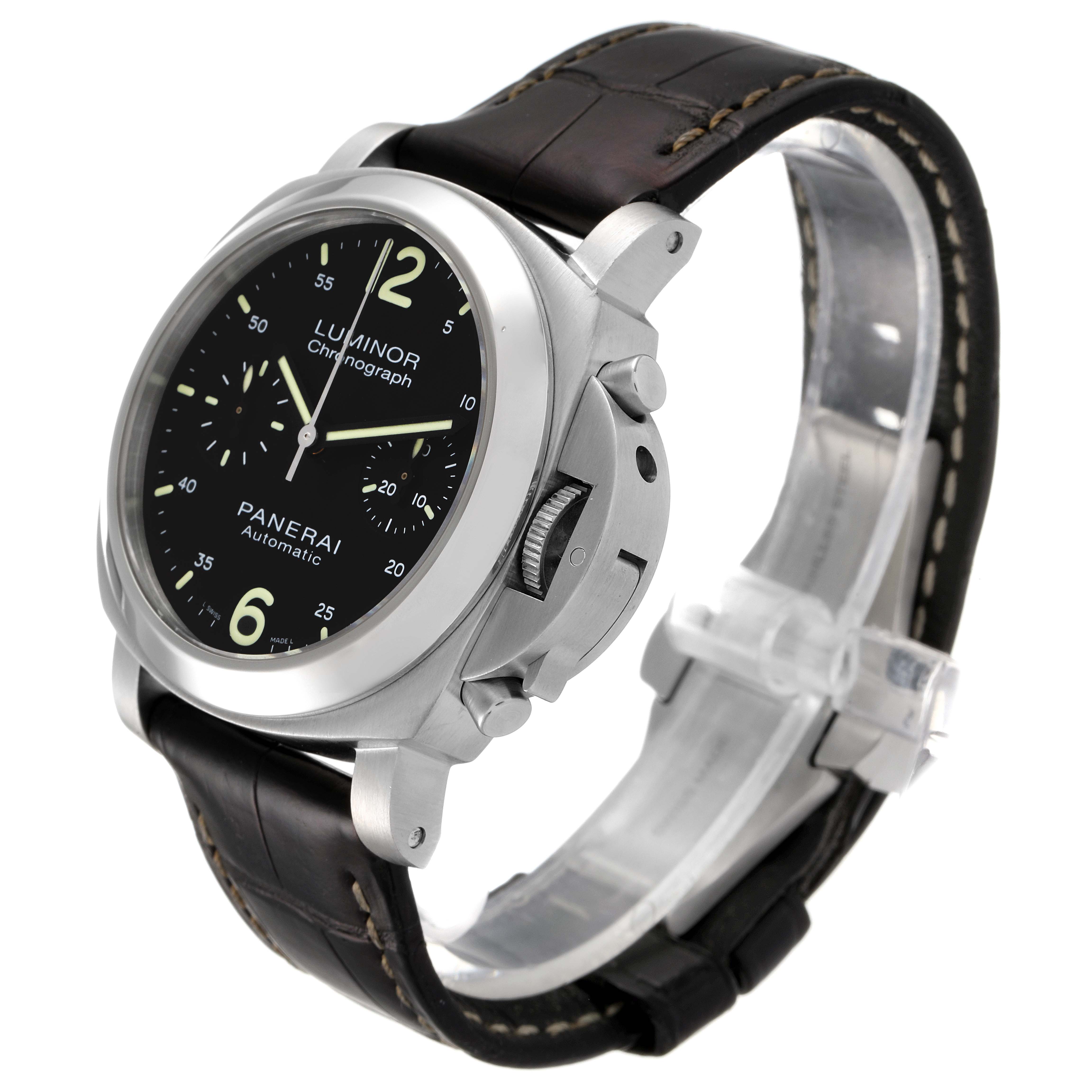 The image shows a side and partial top view of a Panerai Luminor PAM00310 Men
s Stainless Steel Black Dial PAM00310 Men
s Stainless Steel Black Dial watch, showcasing its dial, case, and leather strap.