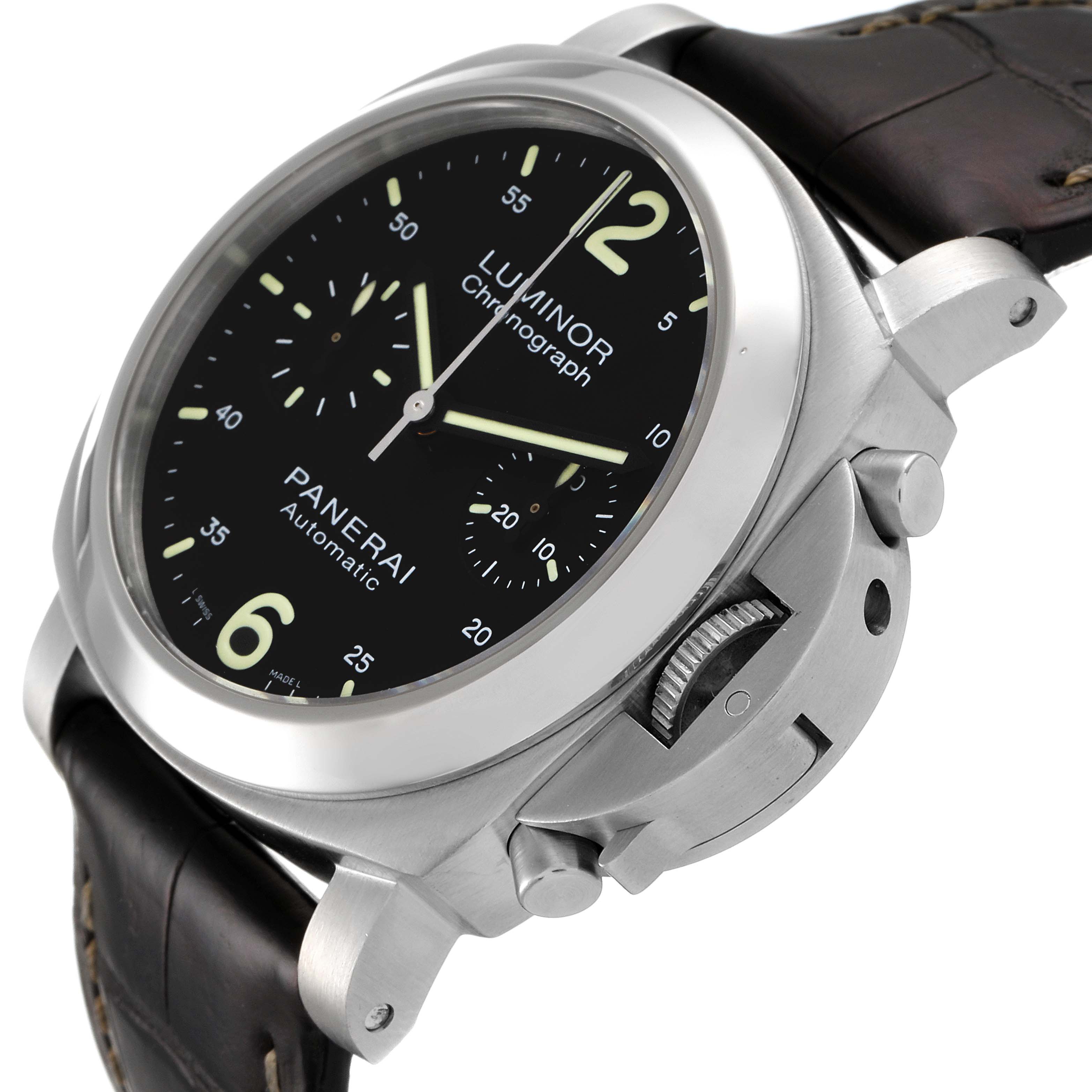 The image shows a close-up angle of the Panerai Luminor PAM00310 Men
s Stainless Steel Black Dial PAM00310 Men
s Stainless Steel Black Dial model watch, highlighting its crown guard, dial, and leather strap.