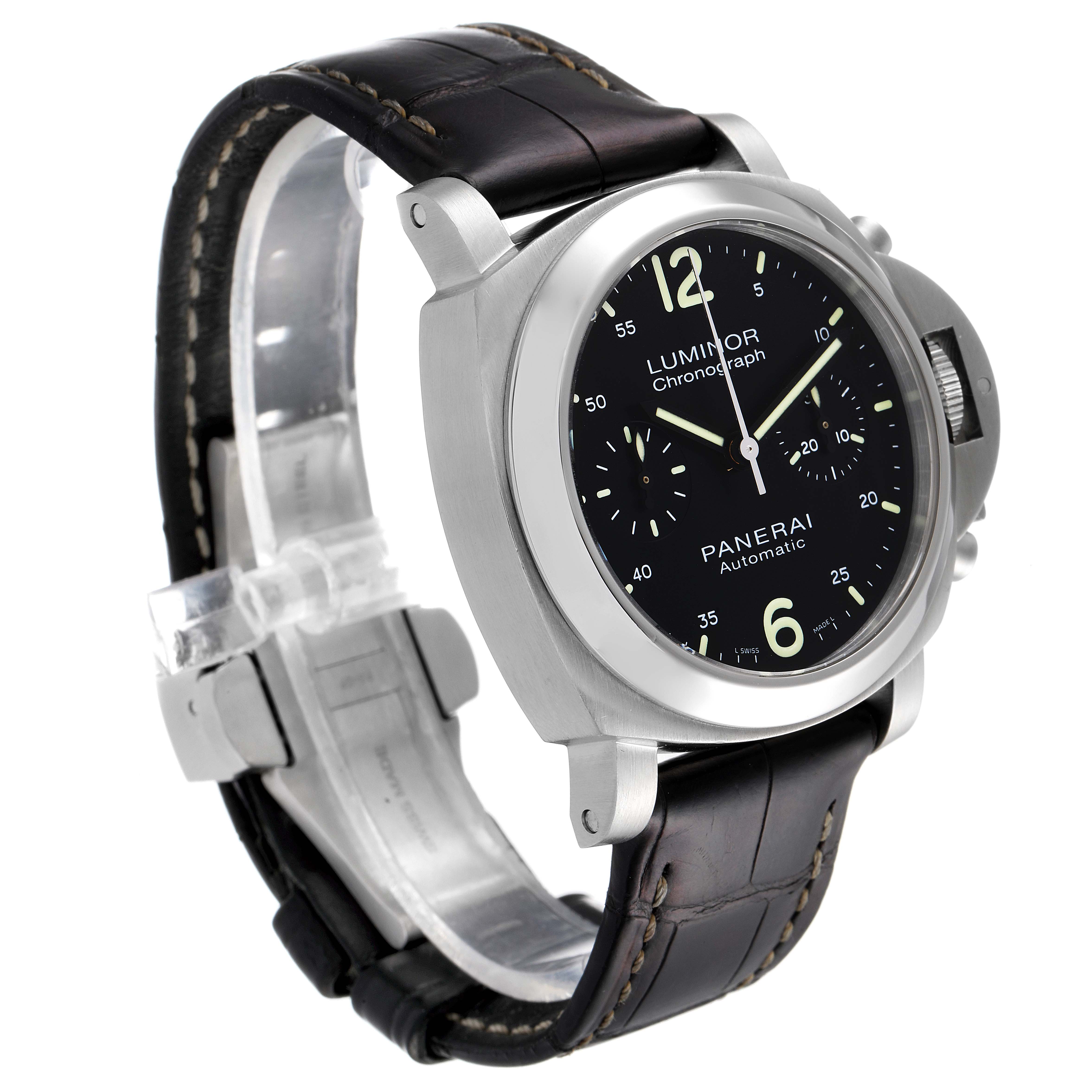 The Panerai Luminor PAM00310 Men
s Stainless Steel Black Dial PAM00310 Men
s Stainless Steel Black Dial model watch is shown at a three-quarter angle, displaying the face, crown guard, and leather strap.