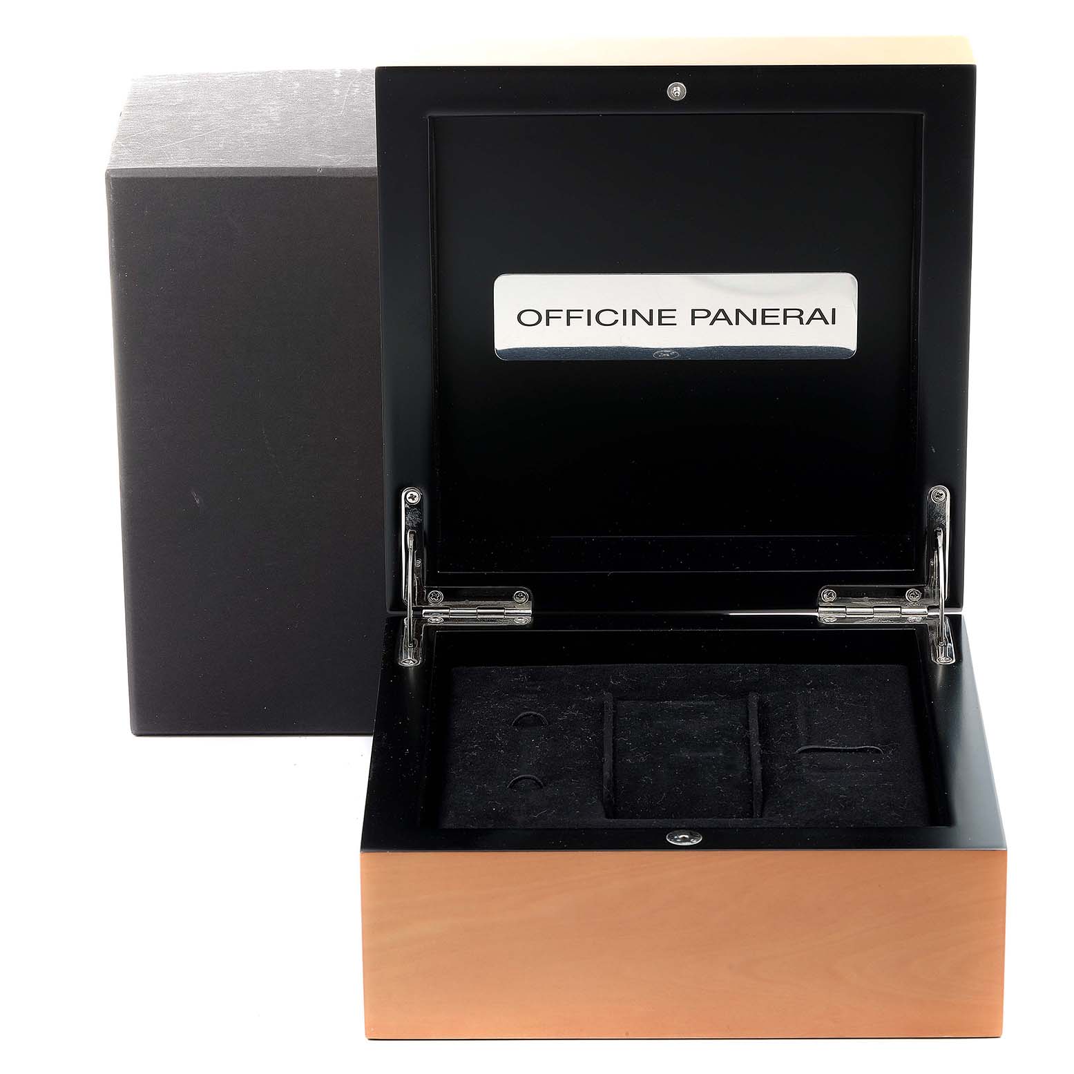 This image shows an open watch box for a Luminor model by Panerai, viewed from the front.