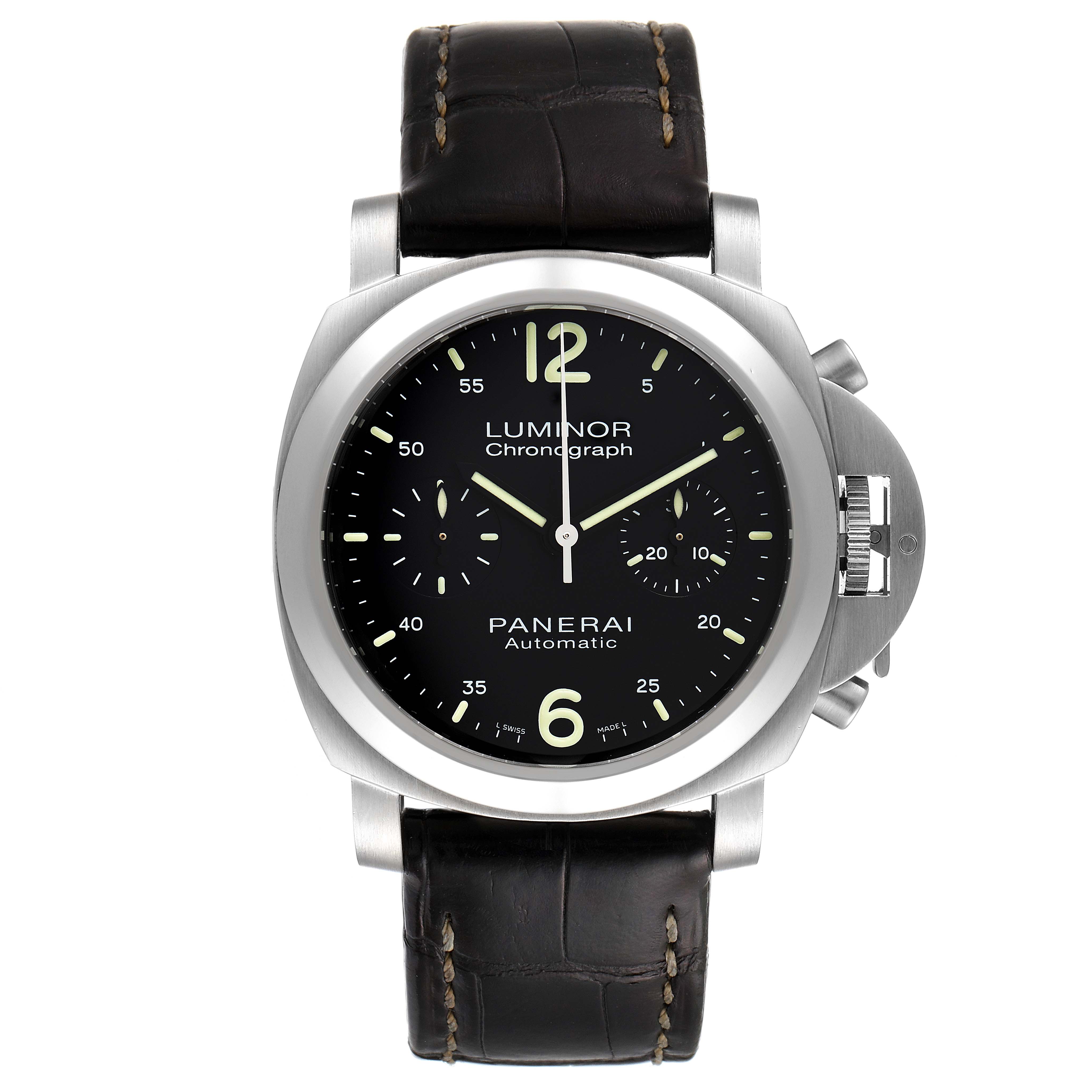The image shows a frontal view of the Panerai Luminor PAM00310 Men
s Stainless Steel Black Dial PAM00310 Men
s Stainless Steel Black Dial model watch, featuring its face, crown guard, and leather strap.