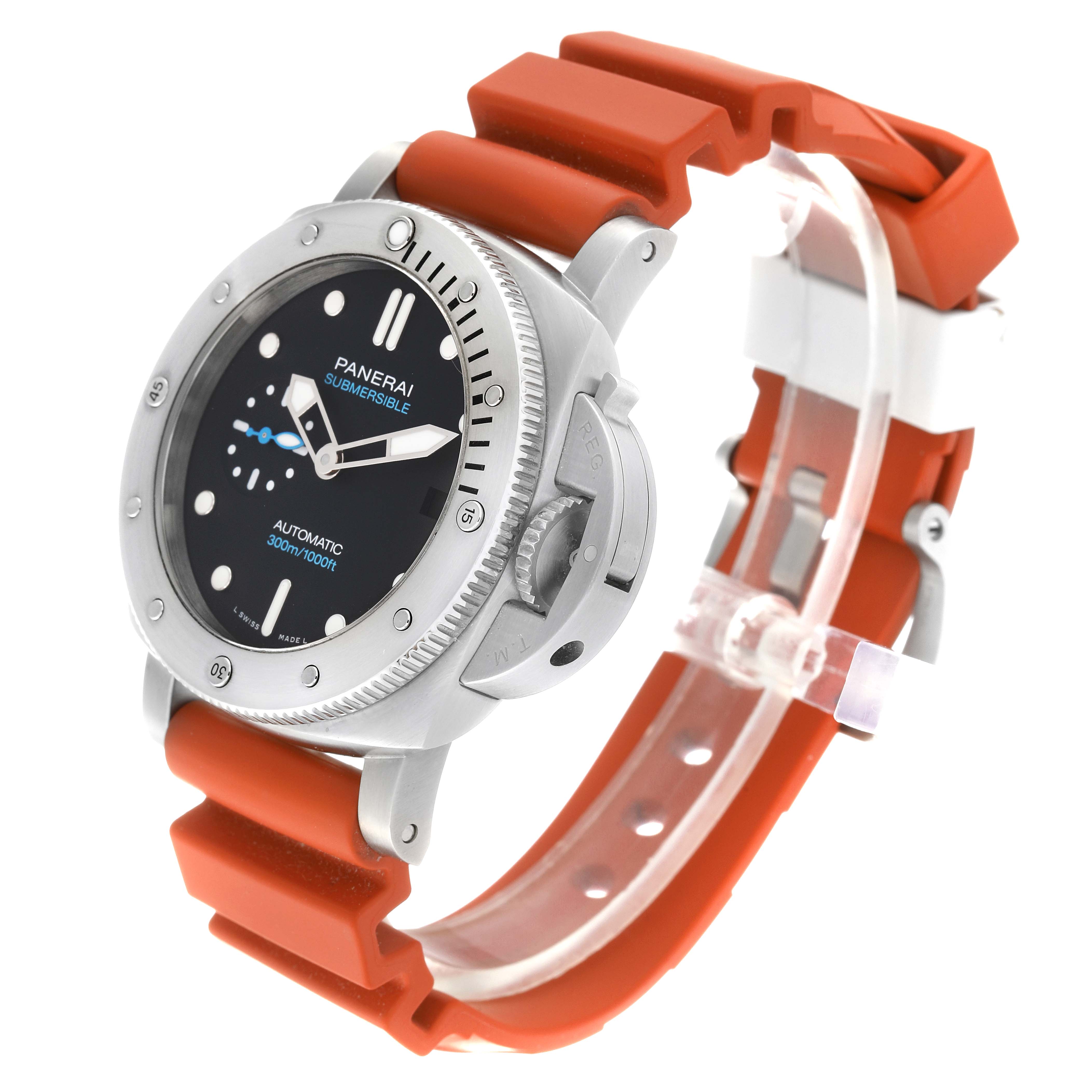 The Panerai Submersible PAM01973 Men's Stainless Steel Black Dial PAM01973 Men's Stainless Steel Black Dial watch is shown at an angled side view, displaying its red rubber strap and stainless steel case.