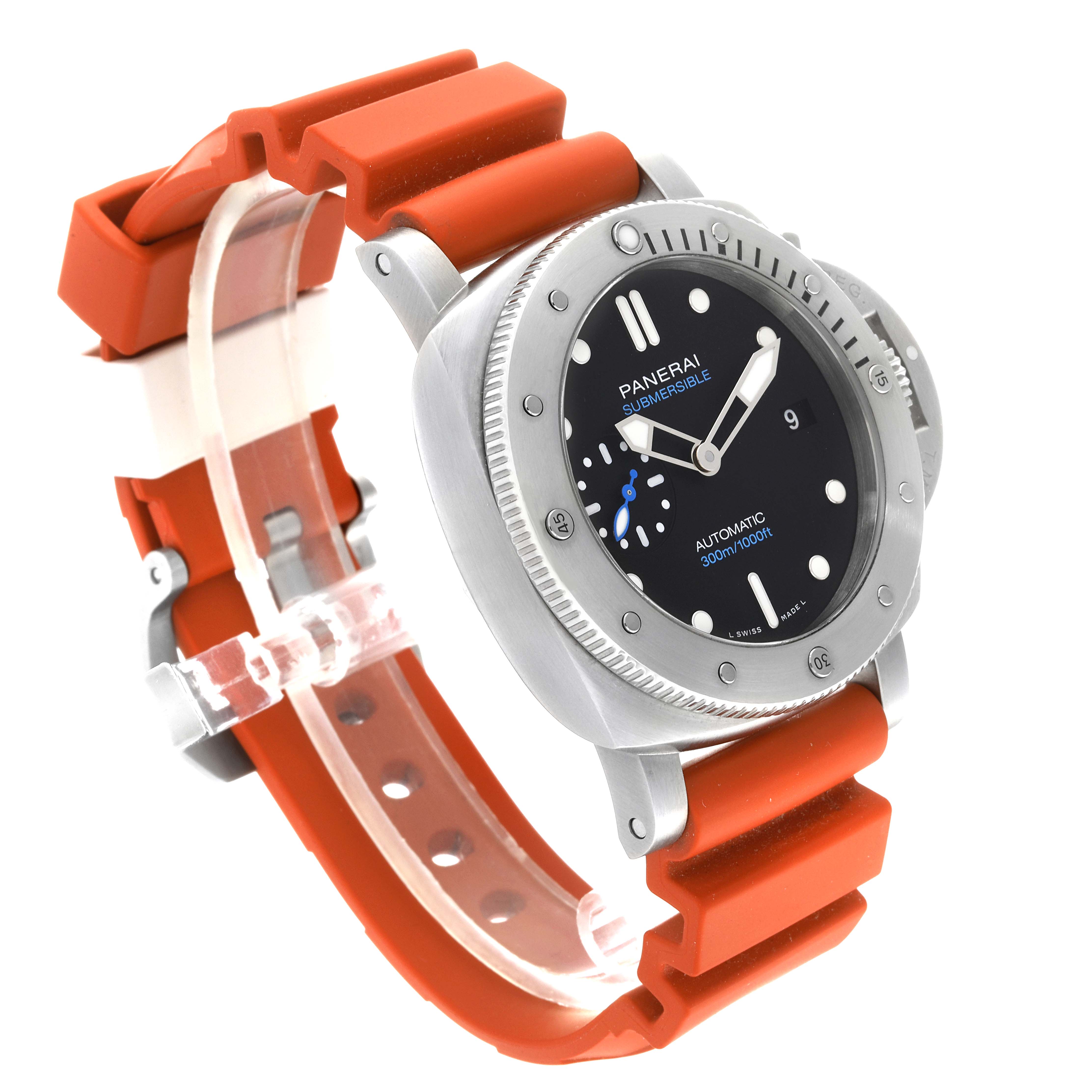 The Panerai Submersible PAM01973 Men's Stainless Steel Black Dial PAM01973 Men's Stainless Steel Black Dial watch is displayed at a three-quarter angle, showcasing the face, bezel, and red strap.