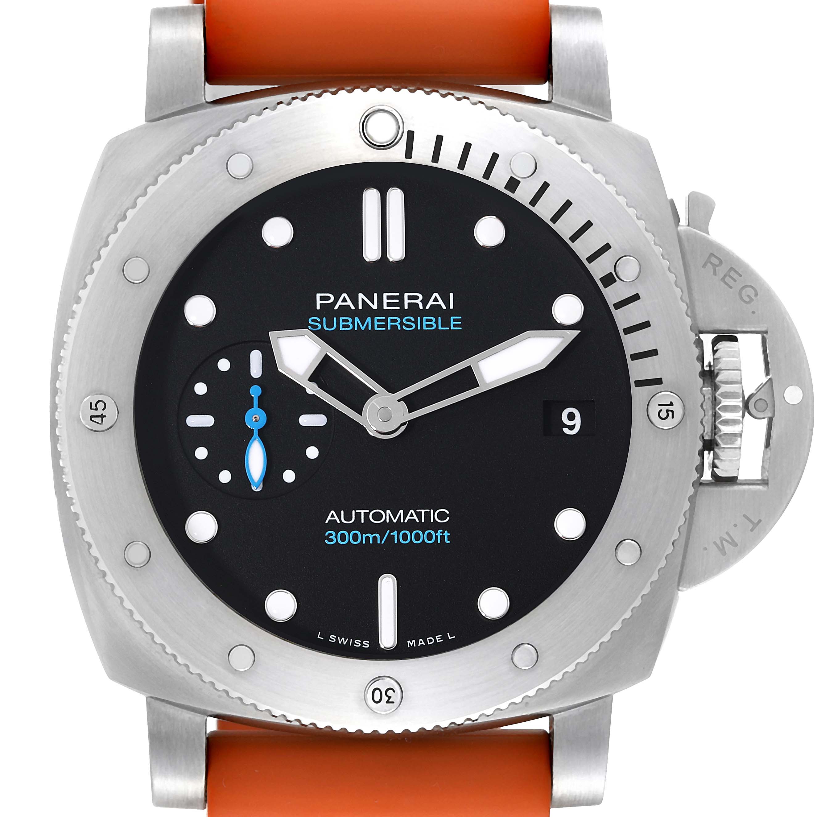 The image shows a front angle of the Panerai Submersible PAM01973 Men's Stainless Steel Black Dial PAM01973 Men's Stainless Steel Black Dial watch, featuring the dial, bezel, and crown guard with an orange strap.