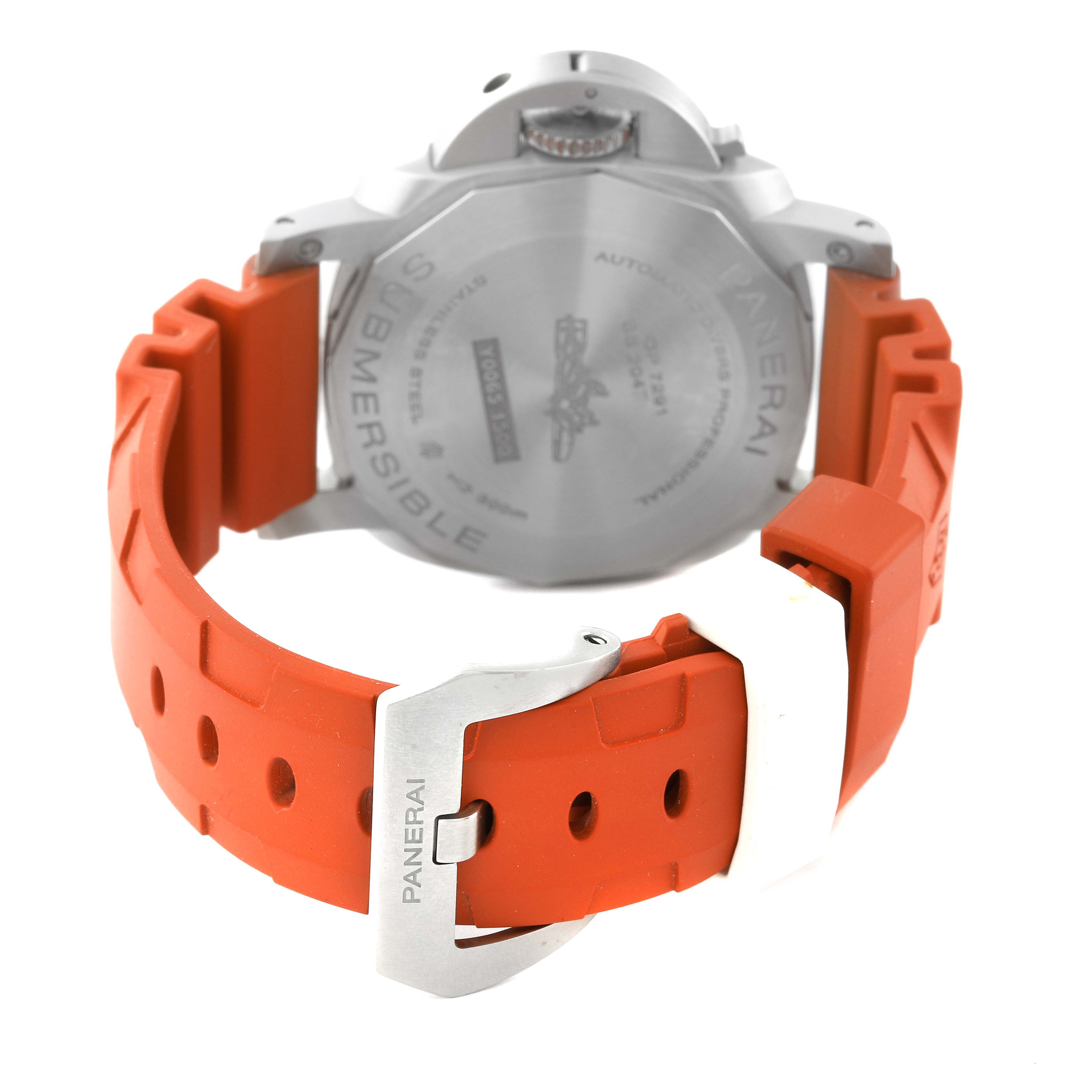 The image shows the back of a Panerai Submersible PAM01973 Men's Stainless Steel Black Dial PAM01973 Men's Stainless Steel Black Dial watch with a focus on its orange strap and buckle.