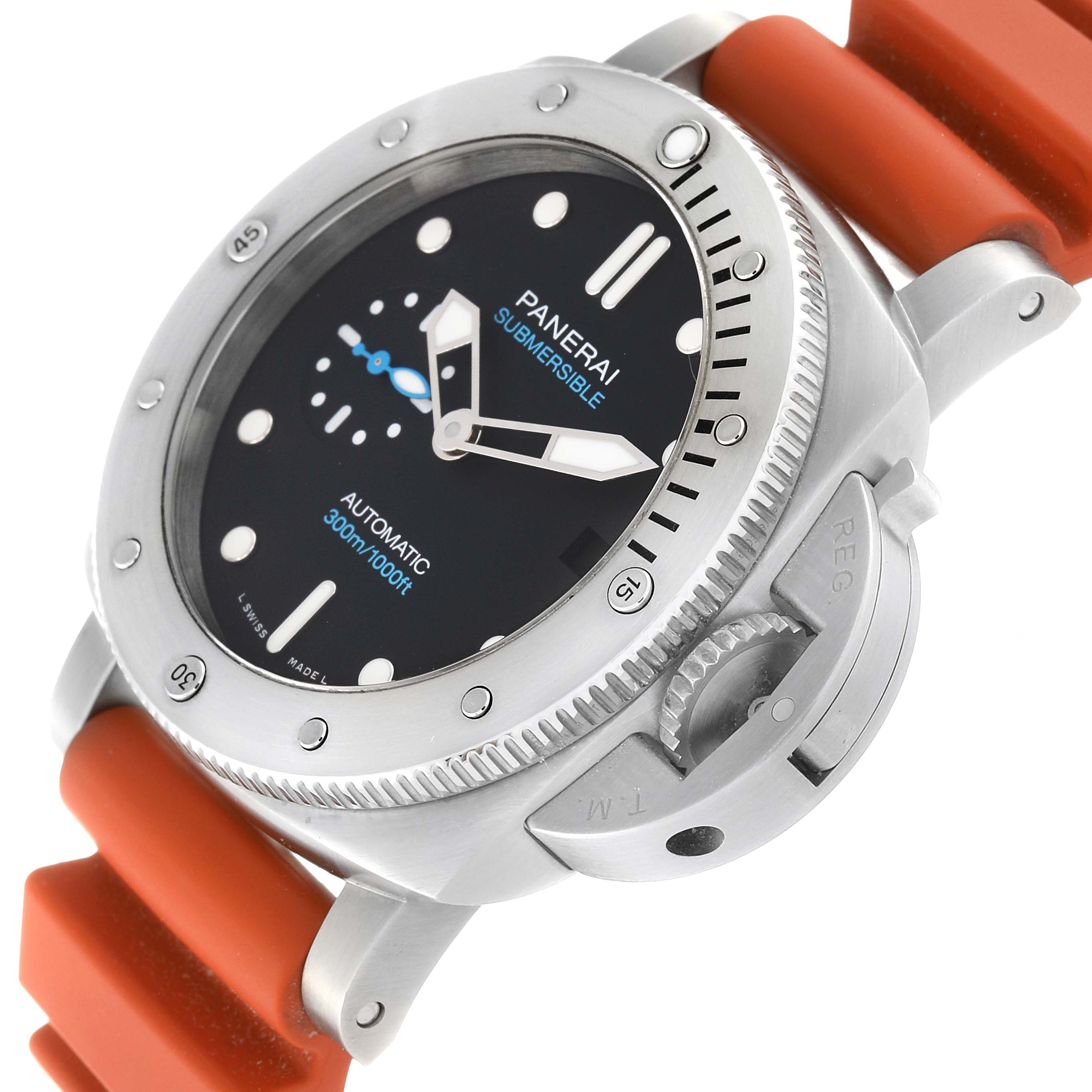 This image shows a close-up angle of a Panerai Submersible PAM01973 Men's Stainless Steel Black Dial PAM01973 Men's Stainless Steel Black Dial watch, highlighting the dial, bezel, and crown guard with an orange strap.