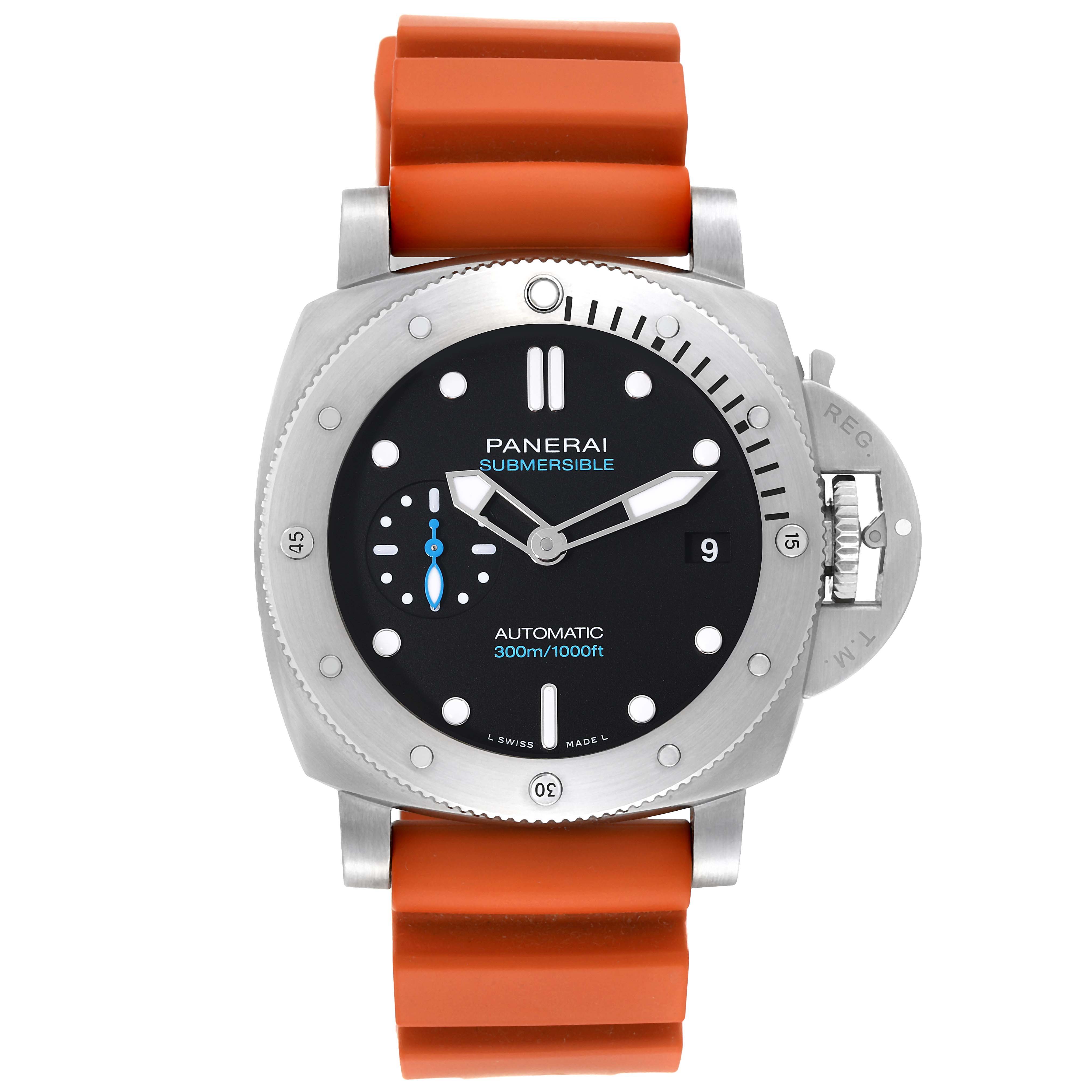 This image shows a front view of a Panerai Submersible PAM01973 Men's Stainless Steel Black Dial PAM01973 Men's Stainless Steel Black Dial watch with an orange strap and visible crown guard.
