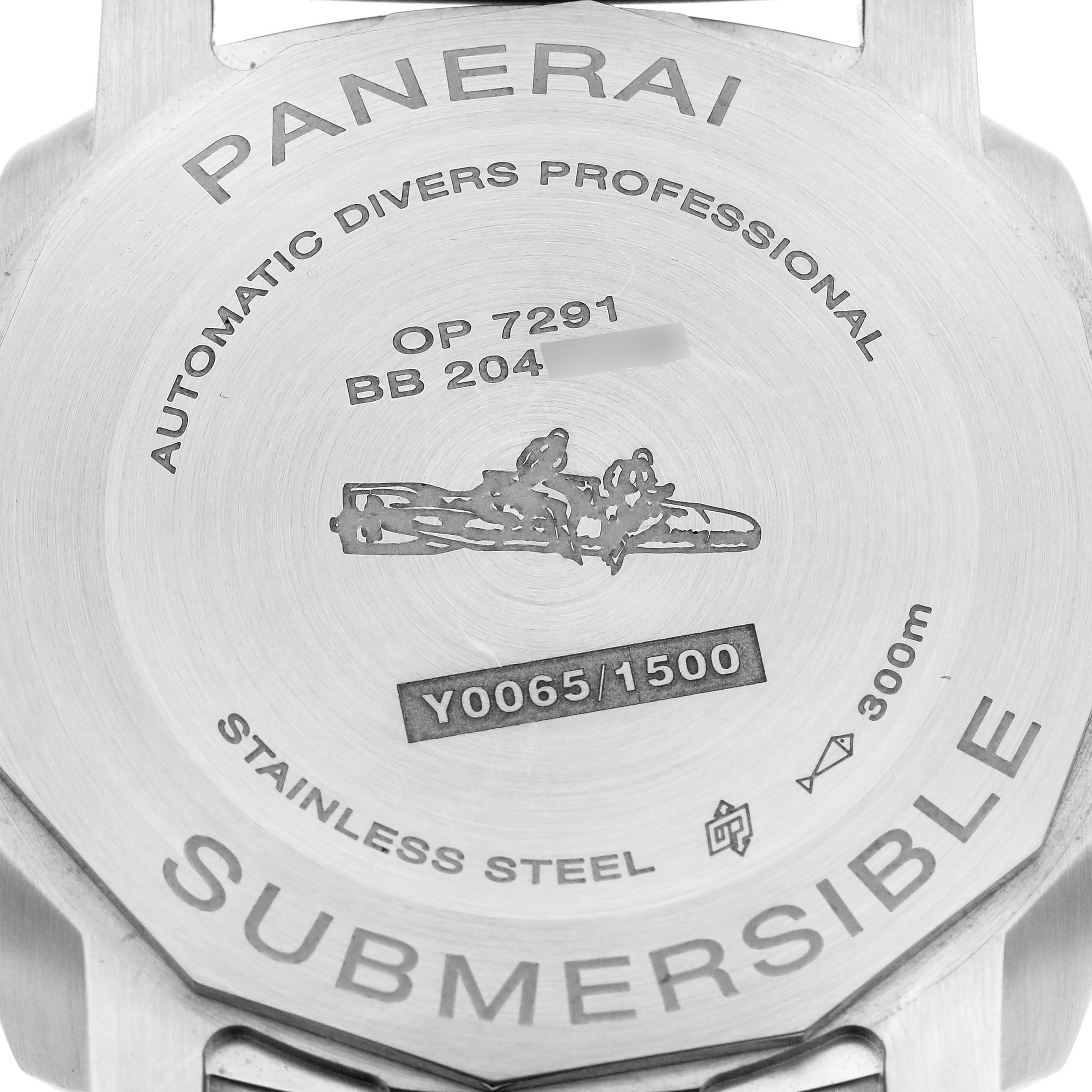 The image shows the back case of a Panerai Submersible PAM01973 Men's Stainless Steel Black Dial PAM01973 Men's Stainless Steel Black Dial watch, highlighting model and material details.