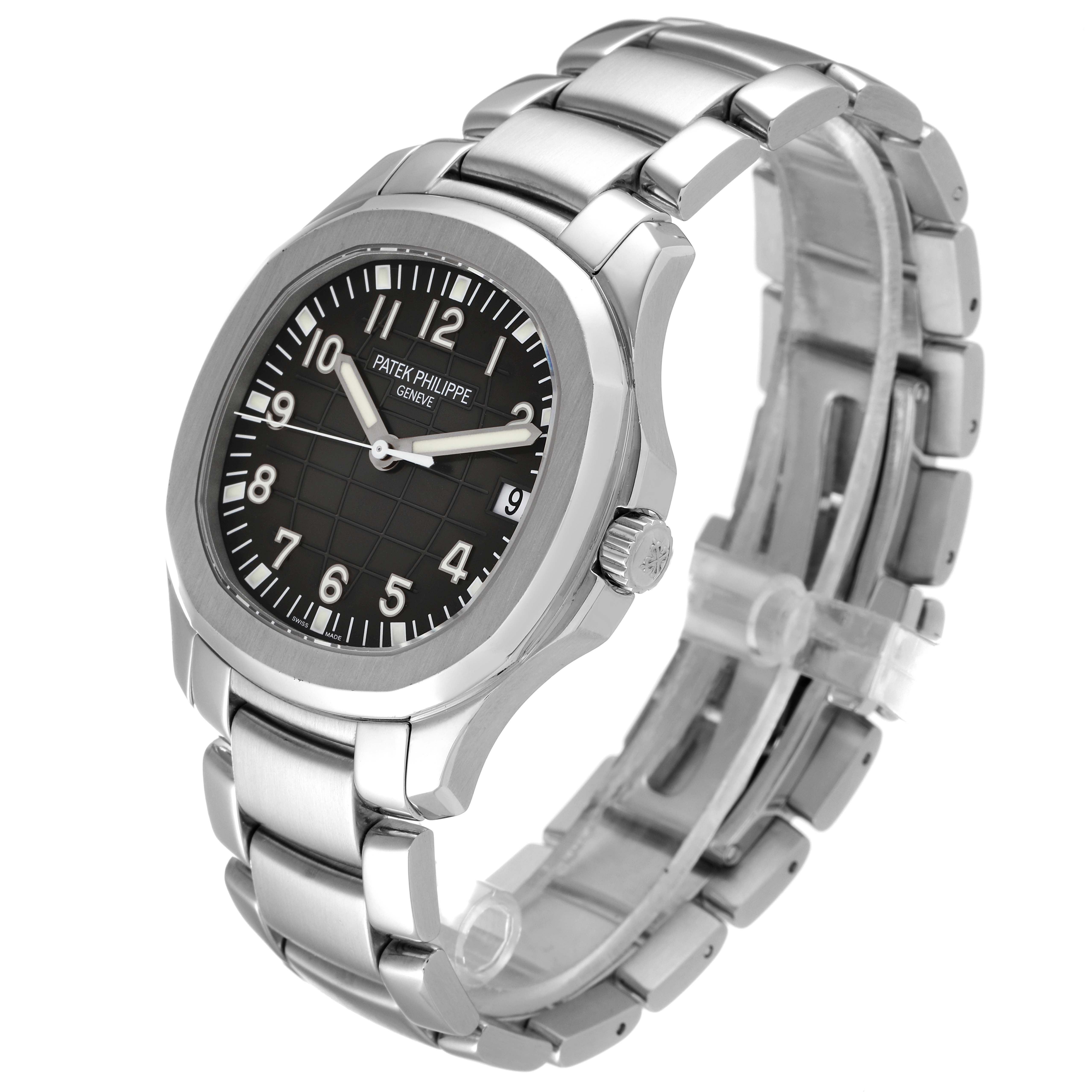 The Patek Philippe Aquanaut 5167/1A-001 Men's Stainless Steel Black Dial 5167/1A-001 Men's Stainless Steel Black Dial watch is displayed at a three-quarter angle, showcasing its dial, bezel, crown, and metal bracelet.
