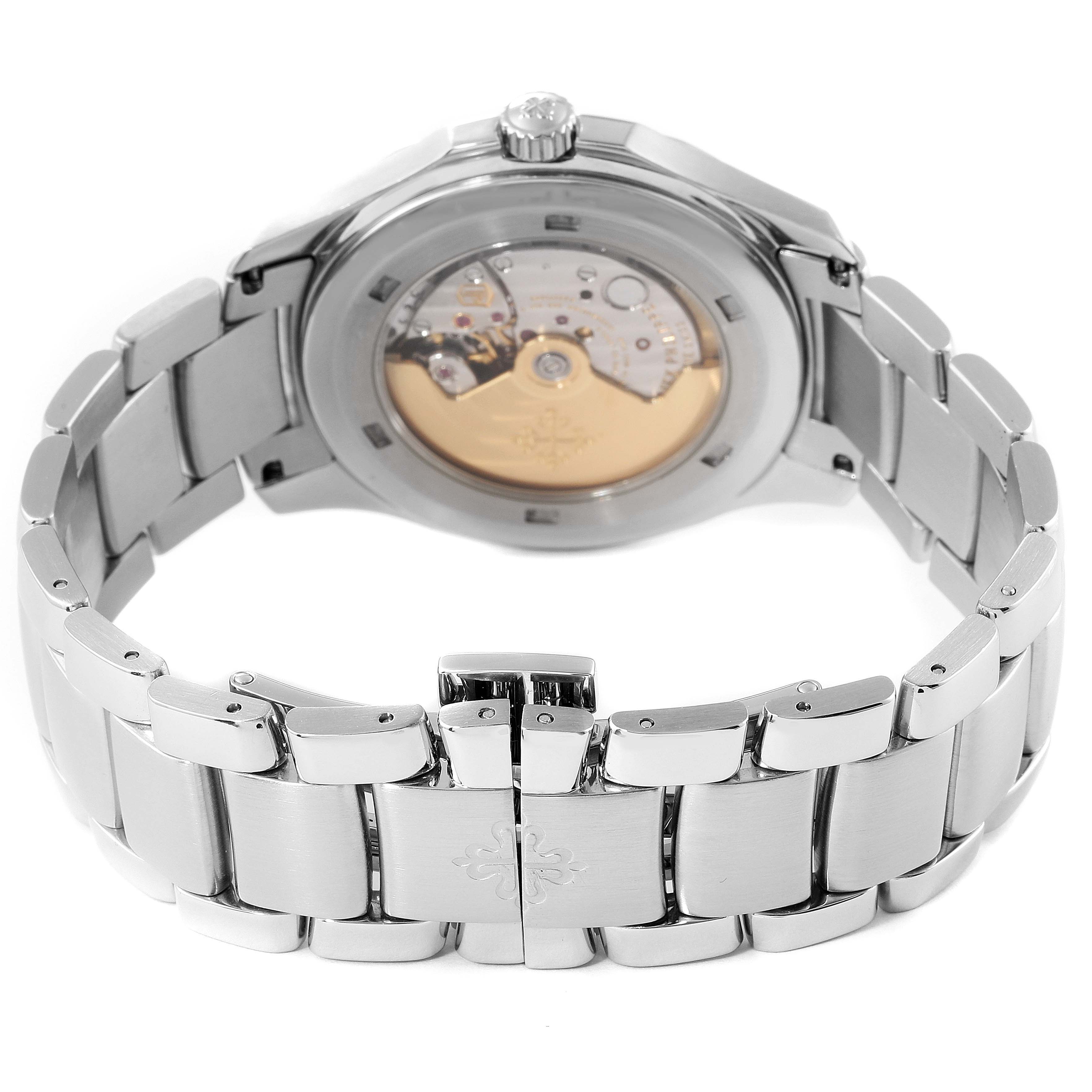 This image shows the back view of a Patek Philippe Aquanaut 5167/1A-001 Men's Stainless Steel Black Dial 5167/1A-001 Men's Stainless Steel Black Dial watch, displaying the metal bracelet and transparent case back.