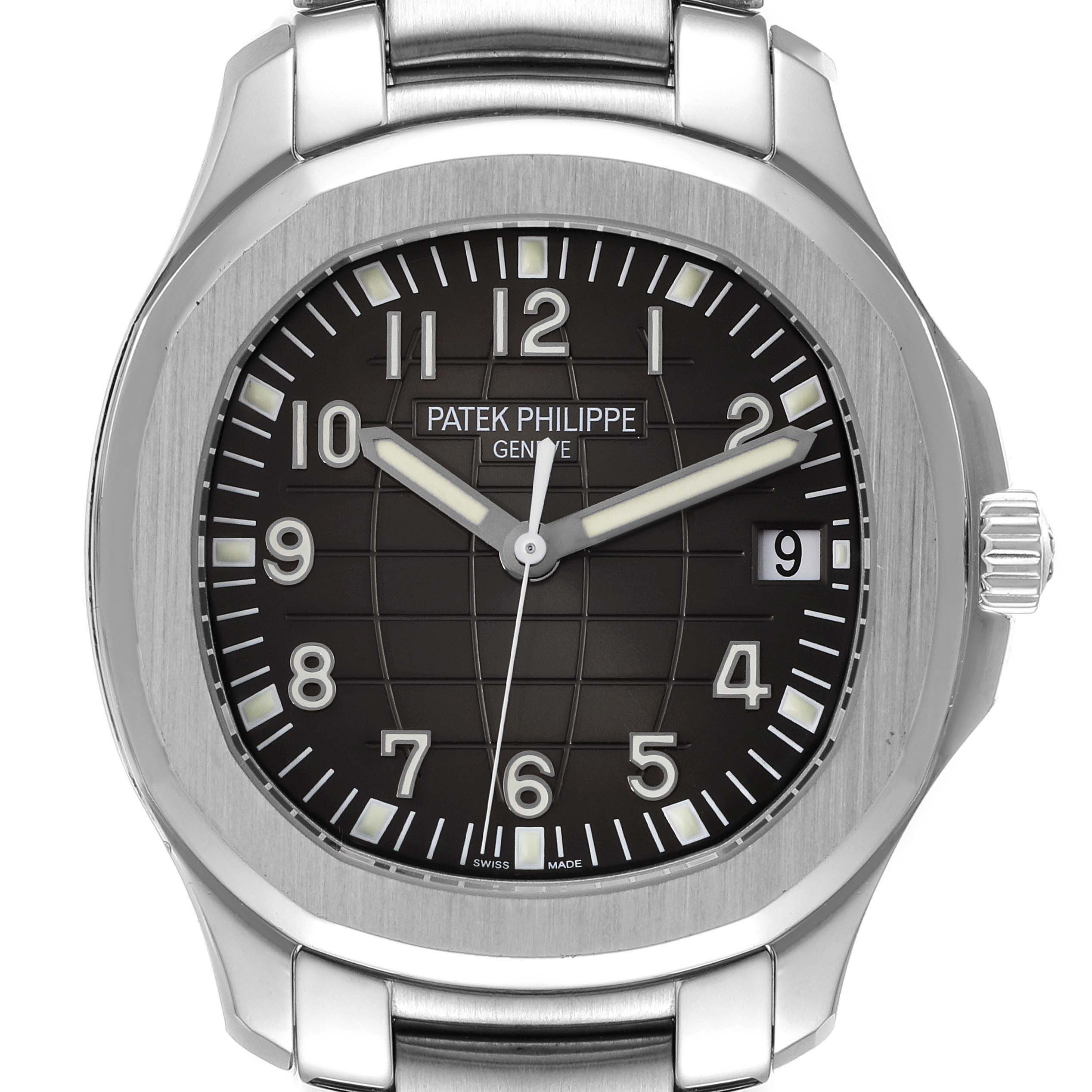The image shows a front view of the Patek Philippe Aquanaut 5167/1A-001 Men's Stainless Steel Black Dial 5167/1A-001 Men's Stainless Steel Black Dial watch, displaying its dial, hands, numerals, and date window.