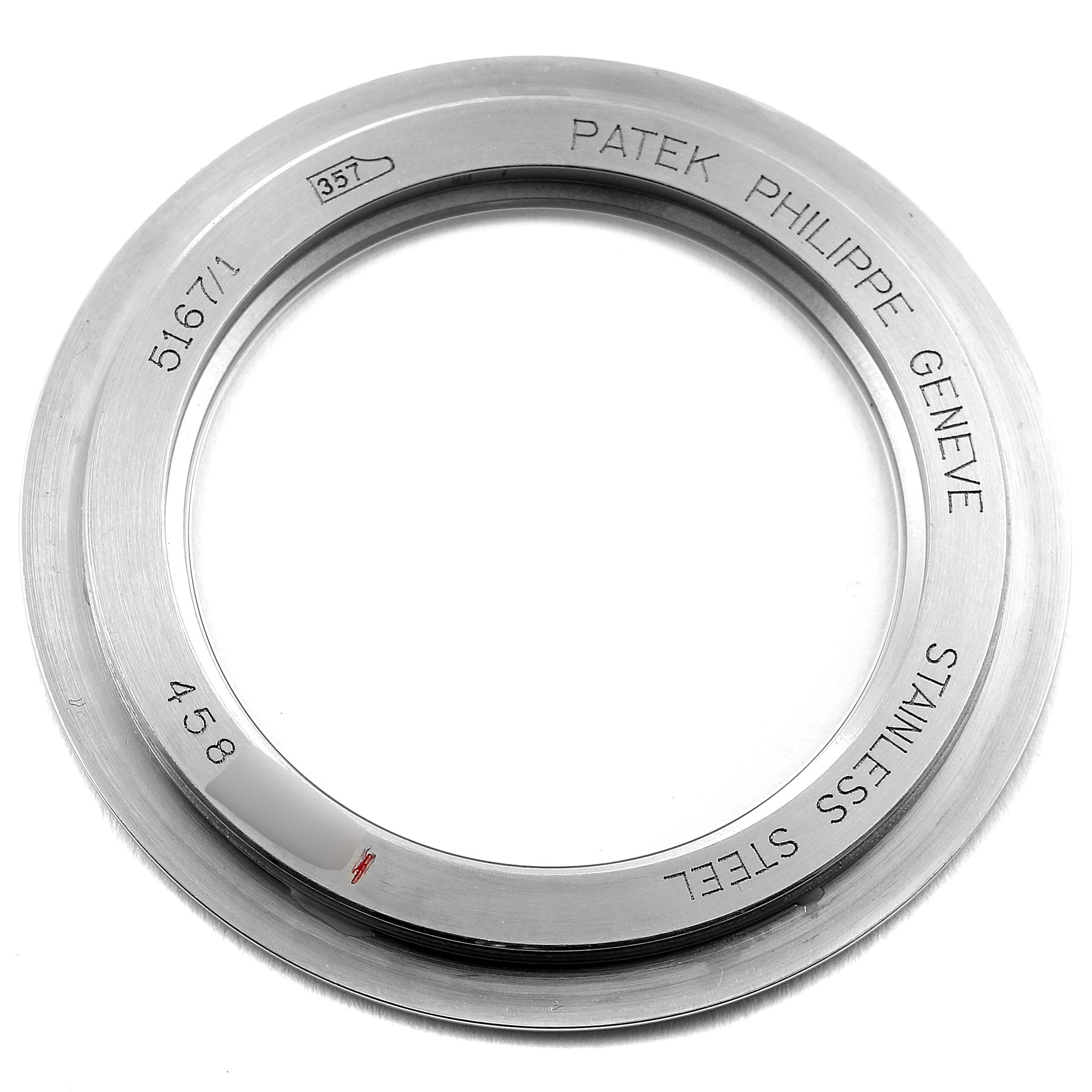 This image shows the stainless steel bezel of a Patek Philippe Aquanaut 5167/1A-001 Men's Stainless Steel Black Dial 5167/1A-001 Men's Stainless Steel Black Dial model, viewed from the top.