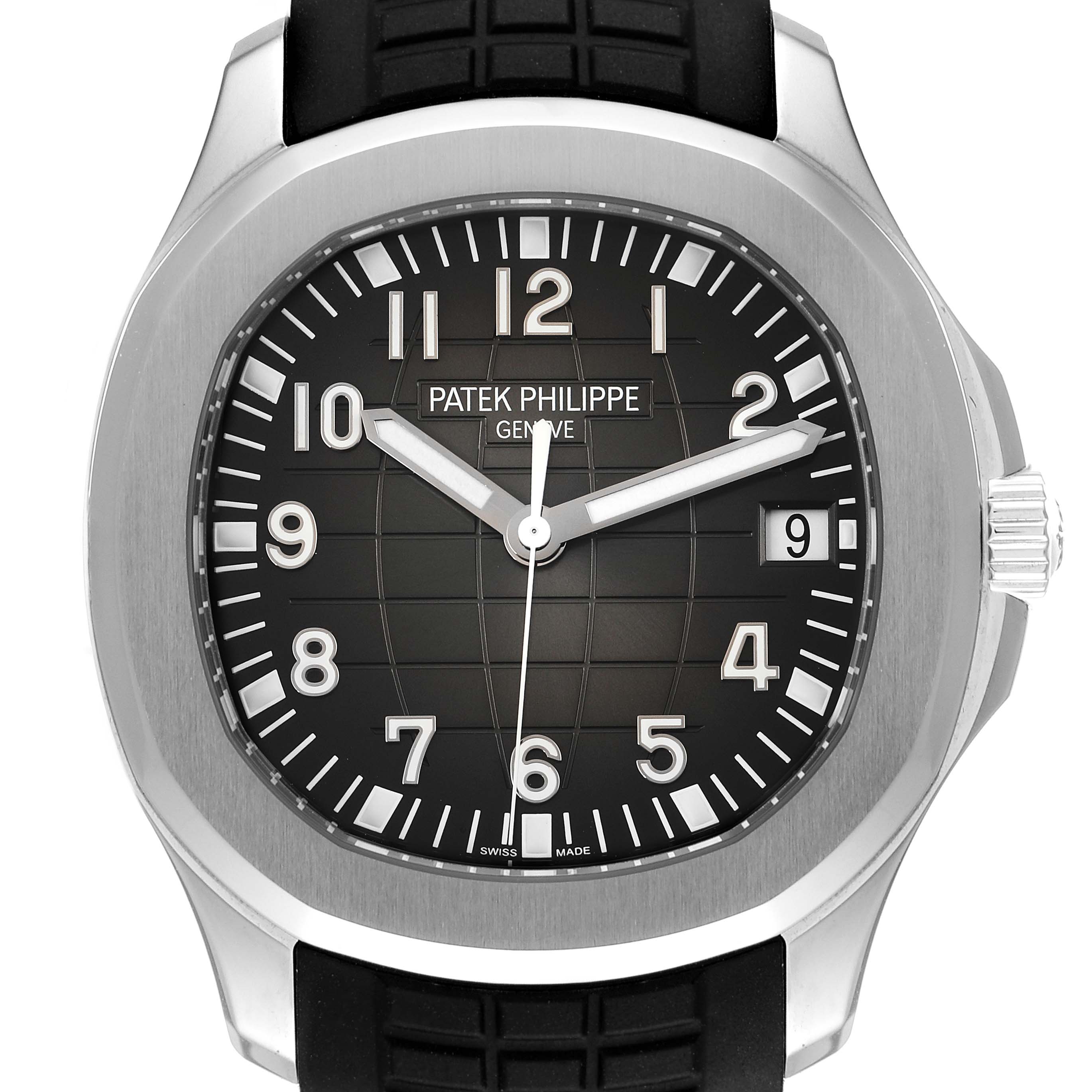 The image shows a front view of the Patek Philippe Aquanaut 5167A Men's Stainless Steel Black Dial 5167A Men's Stainless Steel Black Dial watch displaying the dial, bezel, and part of the strap.