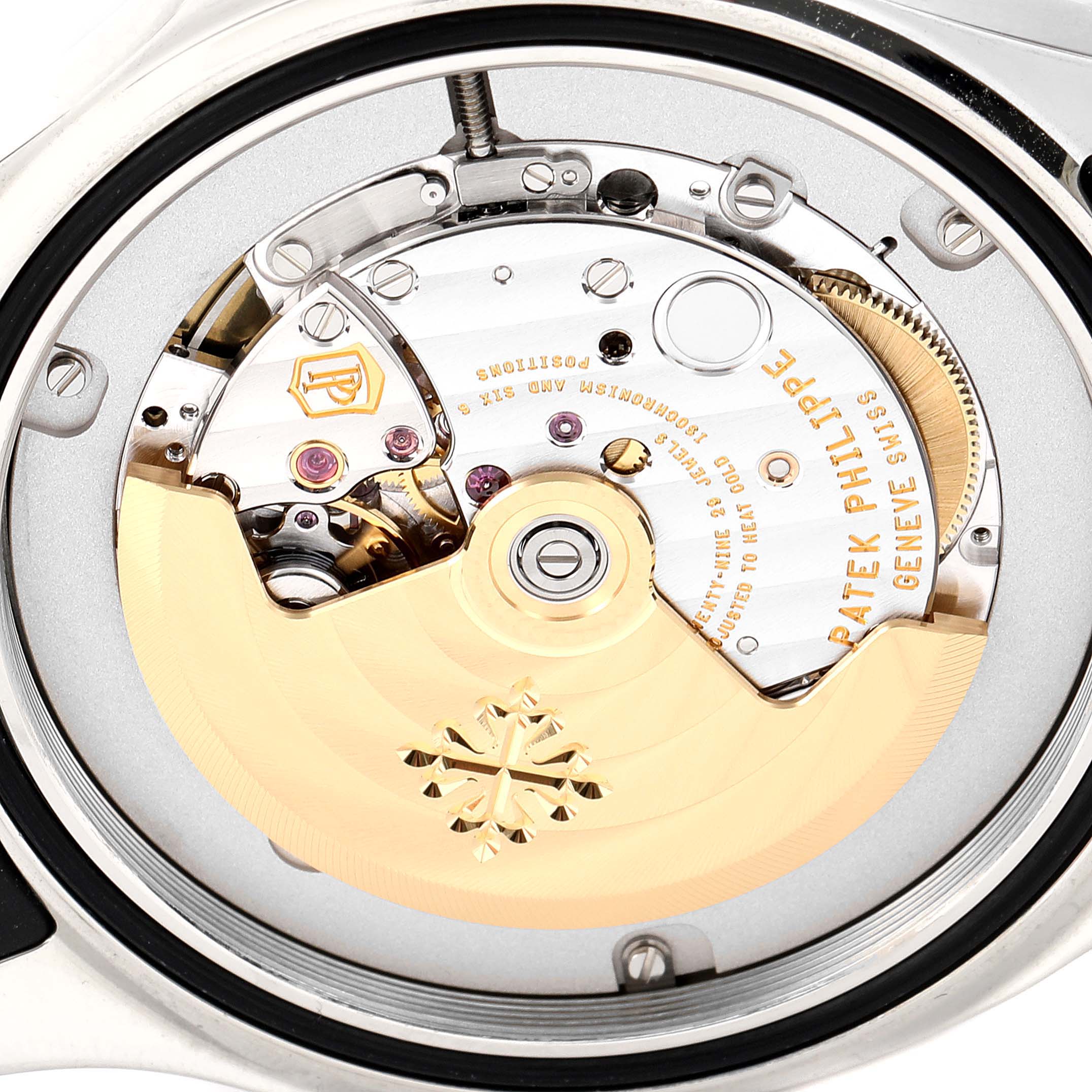 This image shows the intricate, detailed back view of the Patek Philippe Aquanaut 5167A Men's Stainless Steel Black Dial 5167A Men's Stainless Steel Black Dial watch movement.