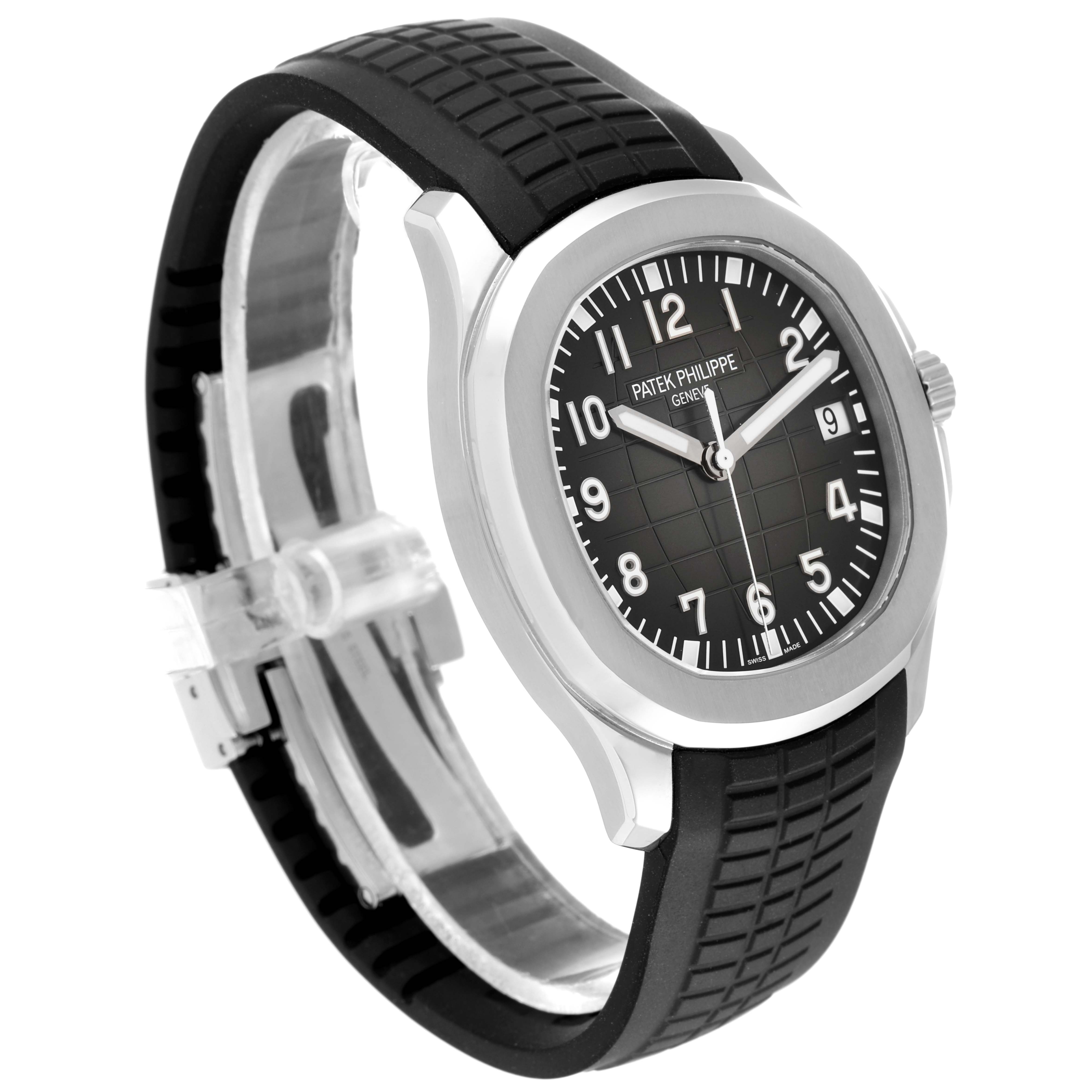 This is a Patek Philippe Aquanaut 5167A Men's Stainless Steel Black Dial 5167A Men's Stainless Steel Black Dial watch shown from an angled side view, displaying the dial, bezel, and strap.