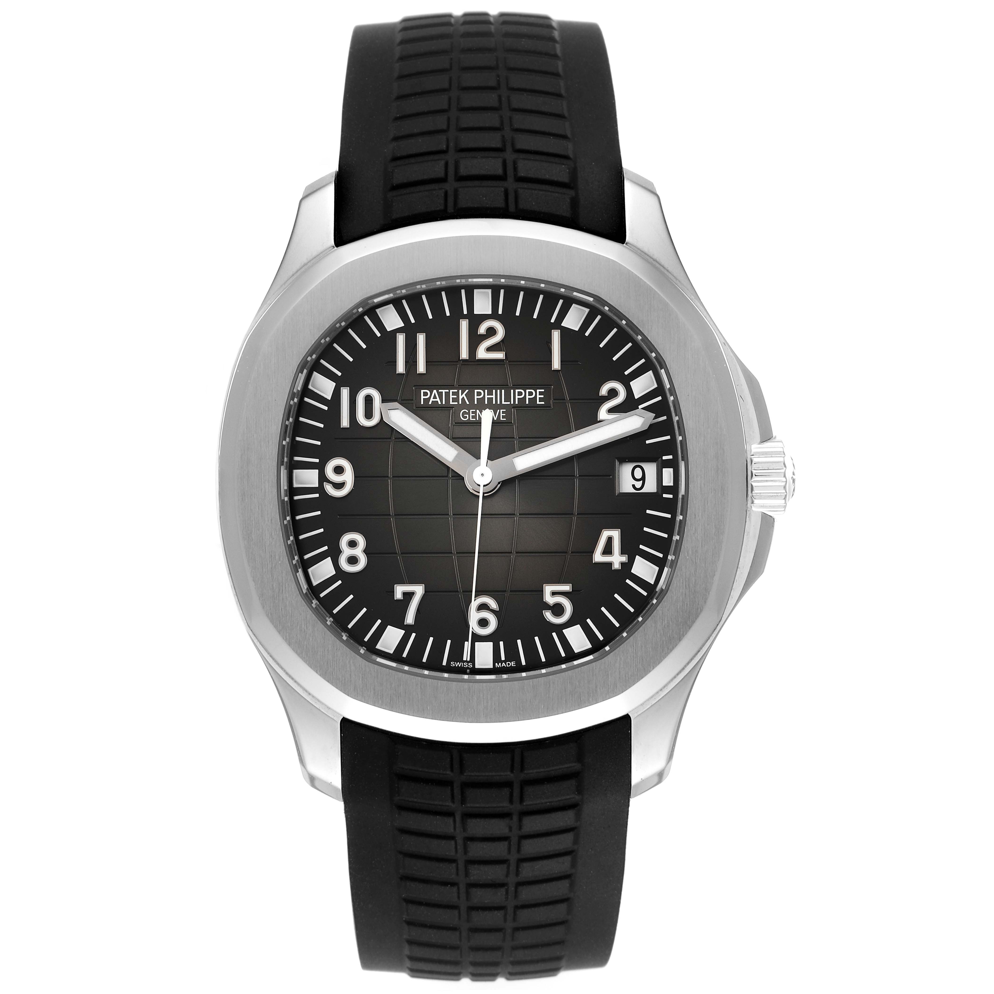 The image shows a front view of the Patek Philippe Aquanaut 5167A Men's Stainless Steel Black Dial 5167A Men's Stainless Steel Black Dial watch, highlighting its dial, bezel, and strap.