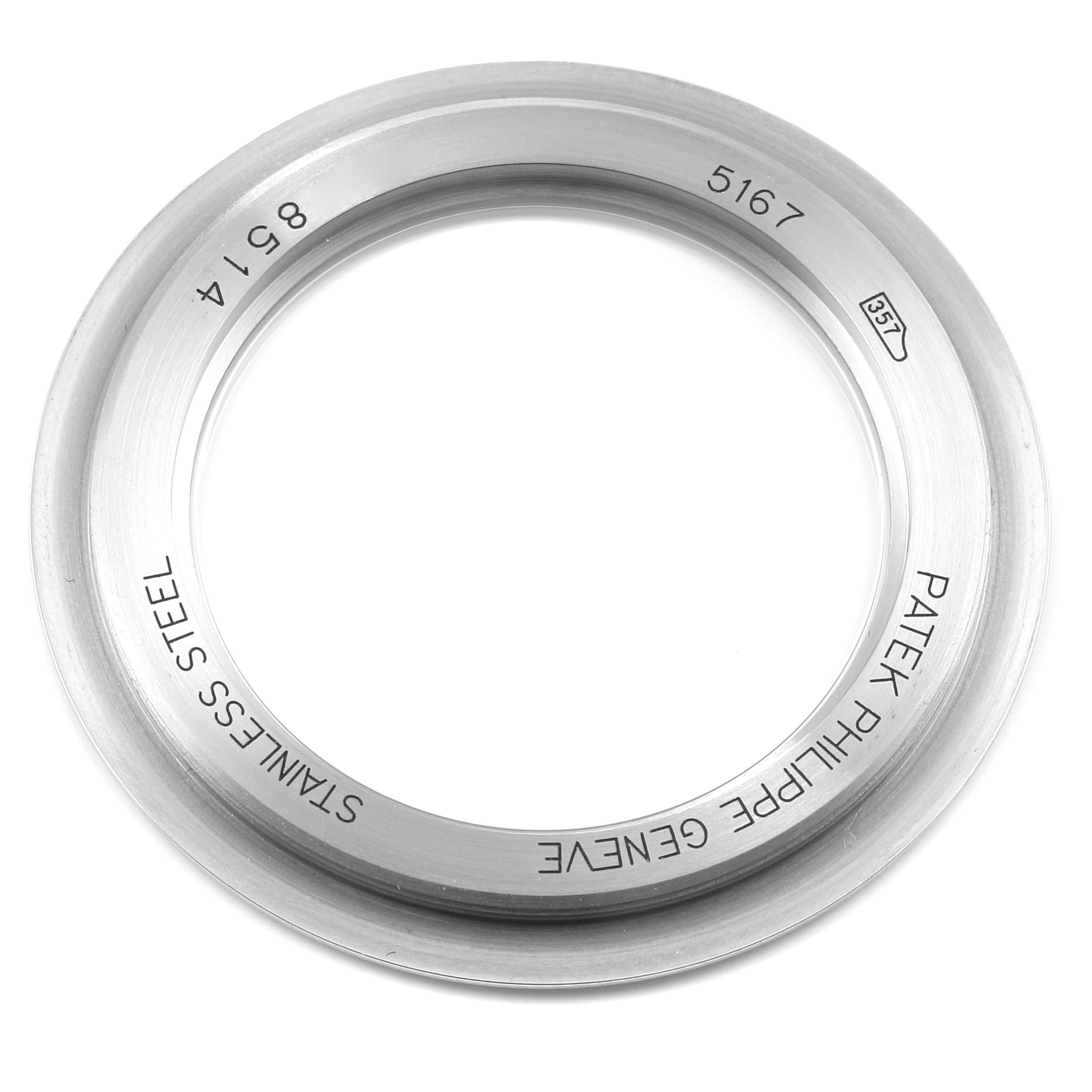 This image shows a stainless steel bezel from the Patek Philippe Aquanaut 5167A Men's Stainless Steel Black Dial 5167A Men's Stainless Steel Black Dial 5167 model, viewed from above.