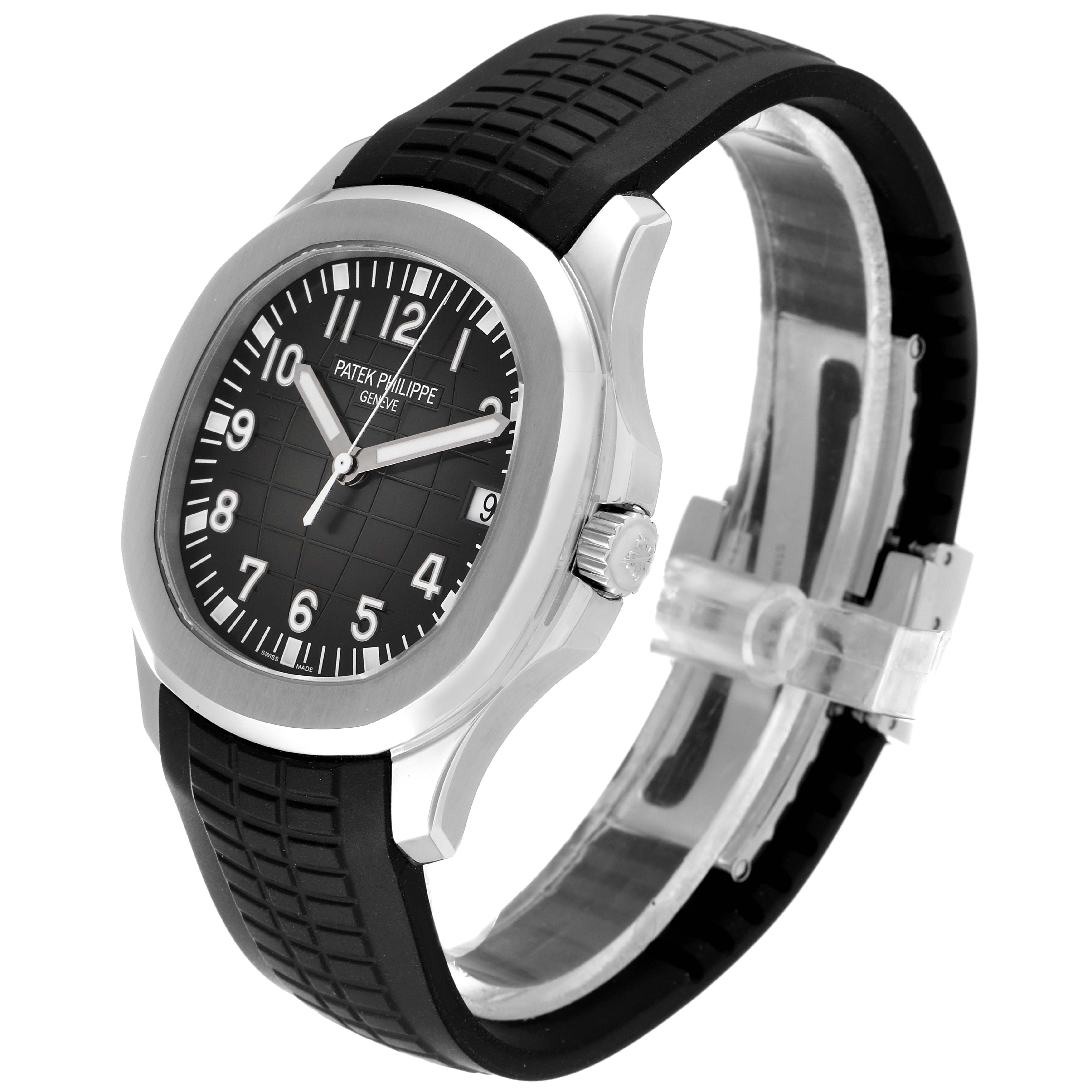 The Patek Philippe Aquanaut 5167A Men's Stainless Steel Black Dial 5167A Men's Stainless Steel Black Dial watch is shown from a front-right angle, displaying its dial, bezel, crown, and strap.