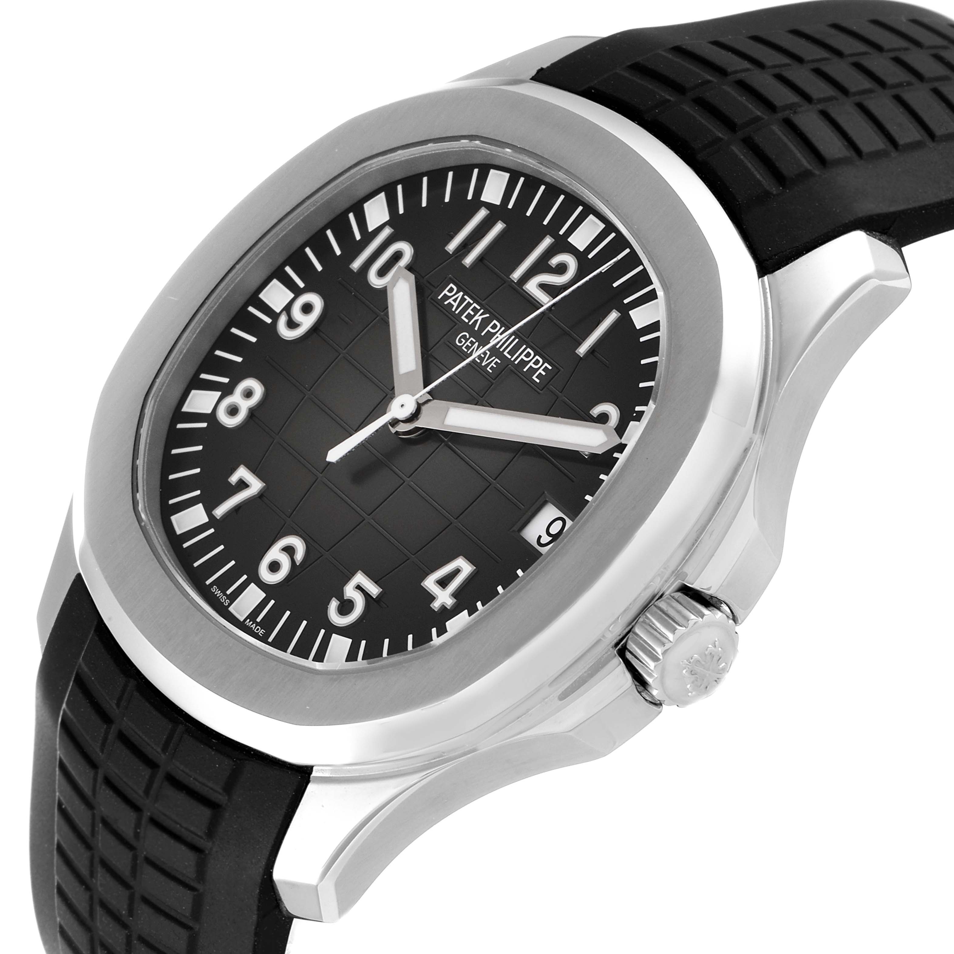 The image shows a Patek Philippe Aquanaut 5167A Men's Stainless Steel Black Dial 5167A Men's Stainless Steel Black Dial watch at an angle highlighting the face, bezel, crown, and part of the strap.
