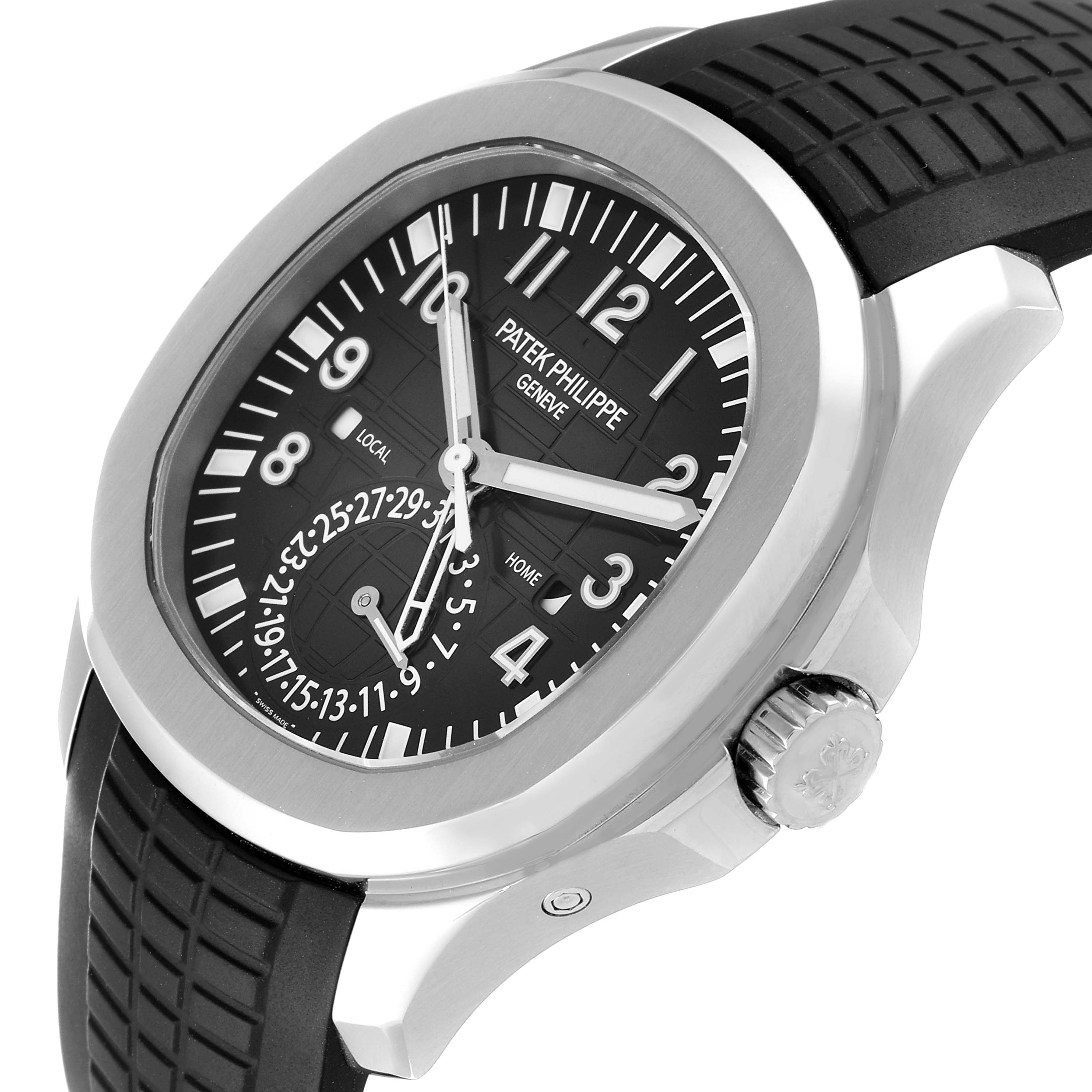 The image shows a close-up of the Patek Philippe Aquanaut 5164A Men's Stainless Steel Black Dial 5164A Men's Stainless Steel Black Dial watch displaying its dial, bezel, crown, and rubber strap.