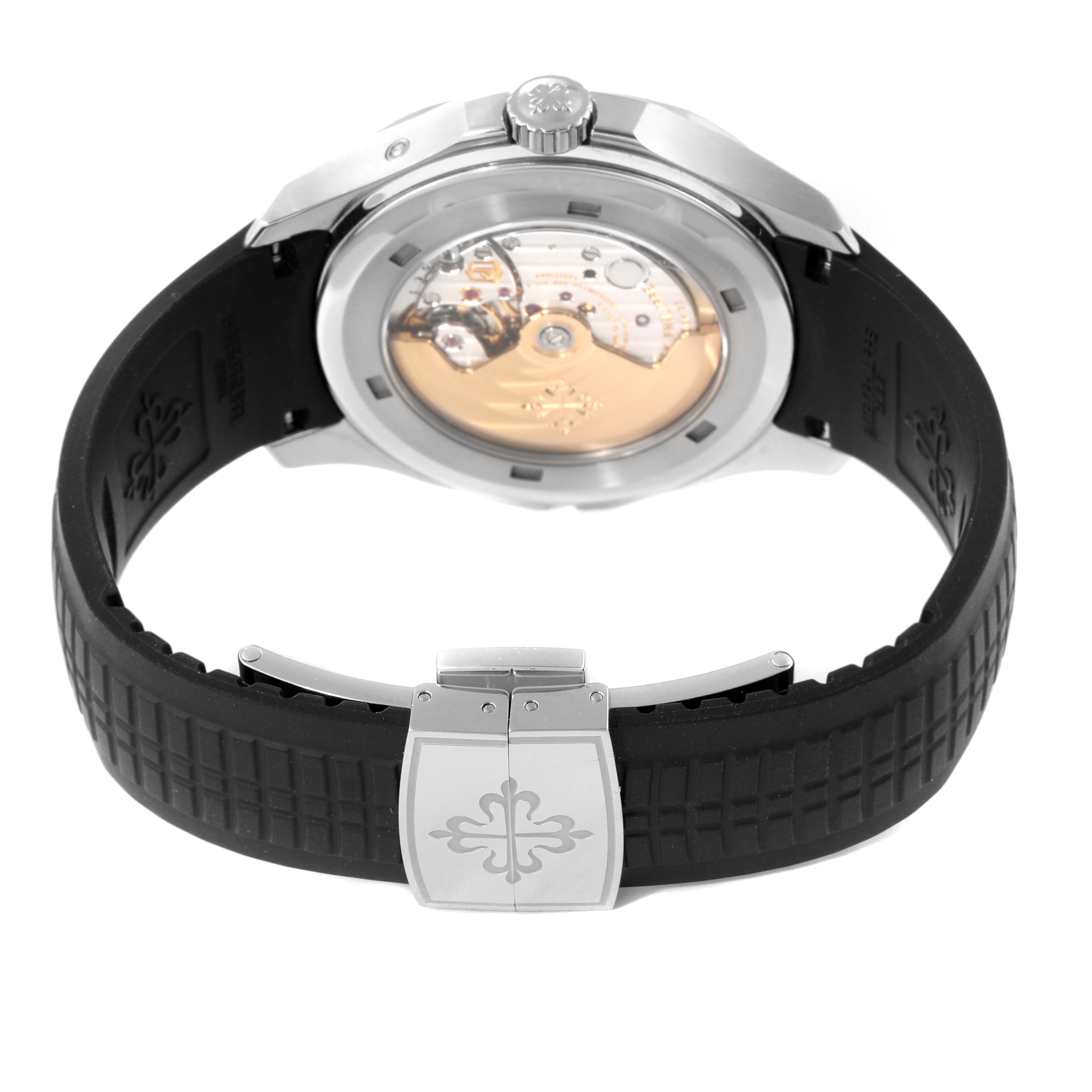 This image shows the back view of a Patek Philippe Aquanaut 5164A Men's Stainless Steel Black Dial 5164A Men's Stainless Steel Black Dial watch, highlighting its transparent case back and the deployment clasp on the strap.