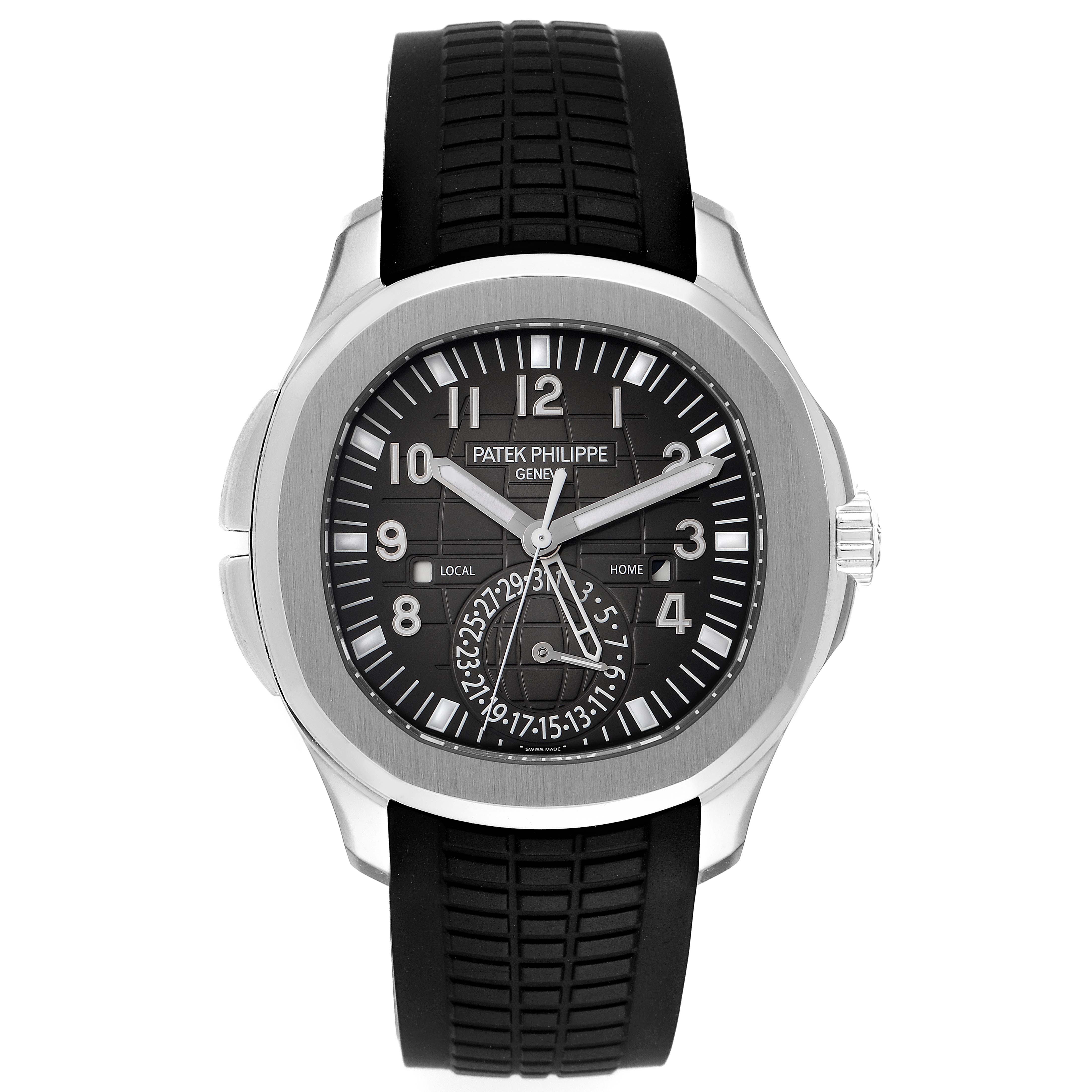 The image shows a front view of the Patek Philippe Aquanaut 5164A Men's Stainless Steel Black Dial 5164A Men's Stainless Steel Black Dial watch, highlighting its dial, bezel, and rubber strap.