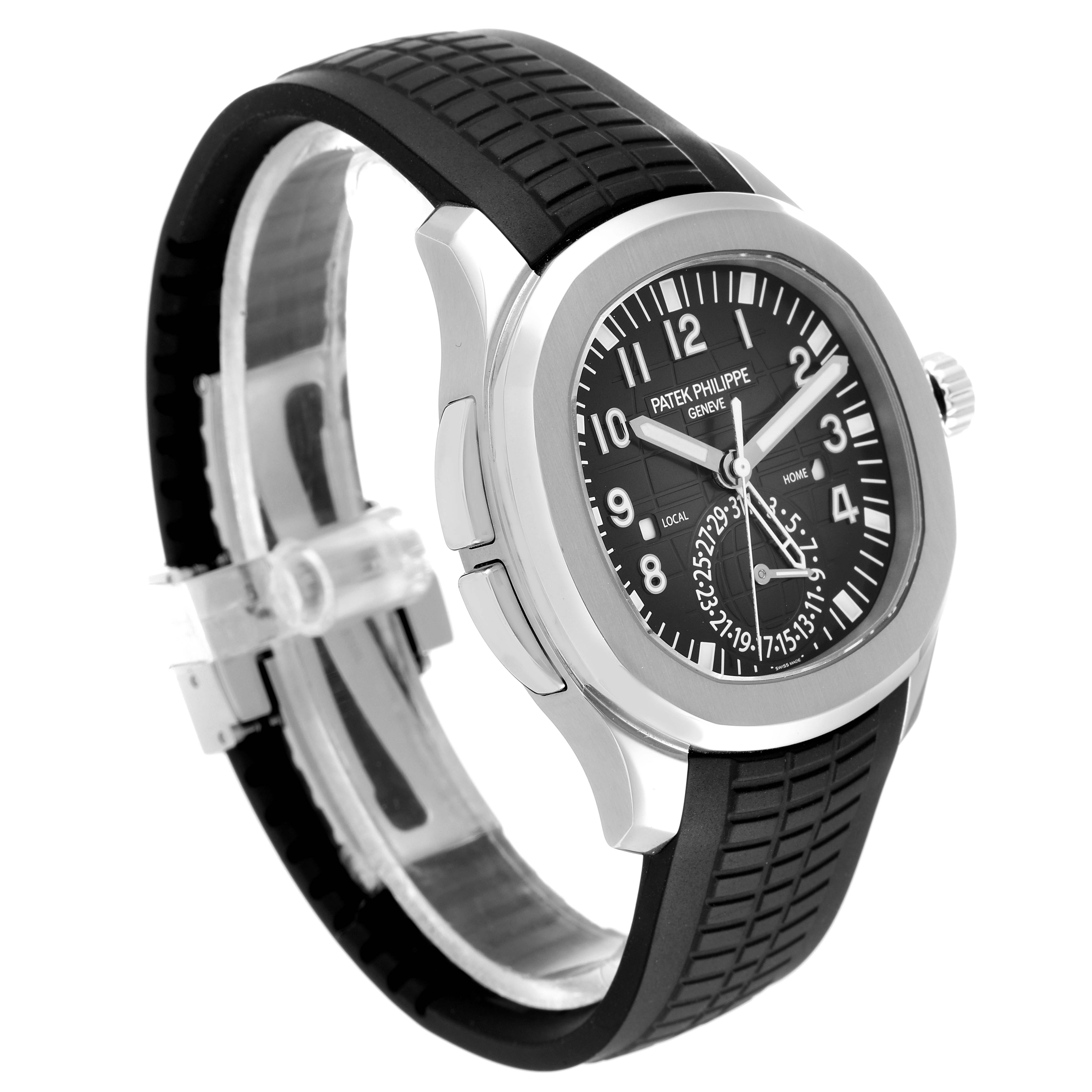 The image shows a side and front angle of the Patek Philippe Aquanaut 5164A Men's Stainless Steel Black Dial 5164A Men's Stainless Steel Black Dial watch, highlighting the case, black rubber strap, and dial.